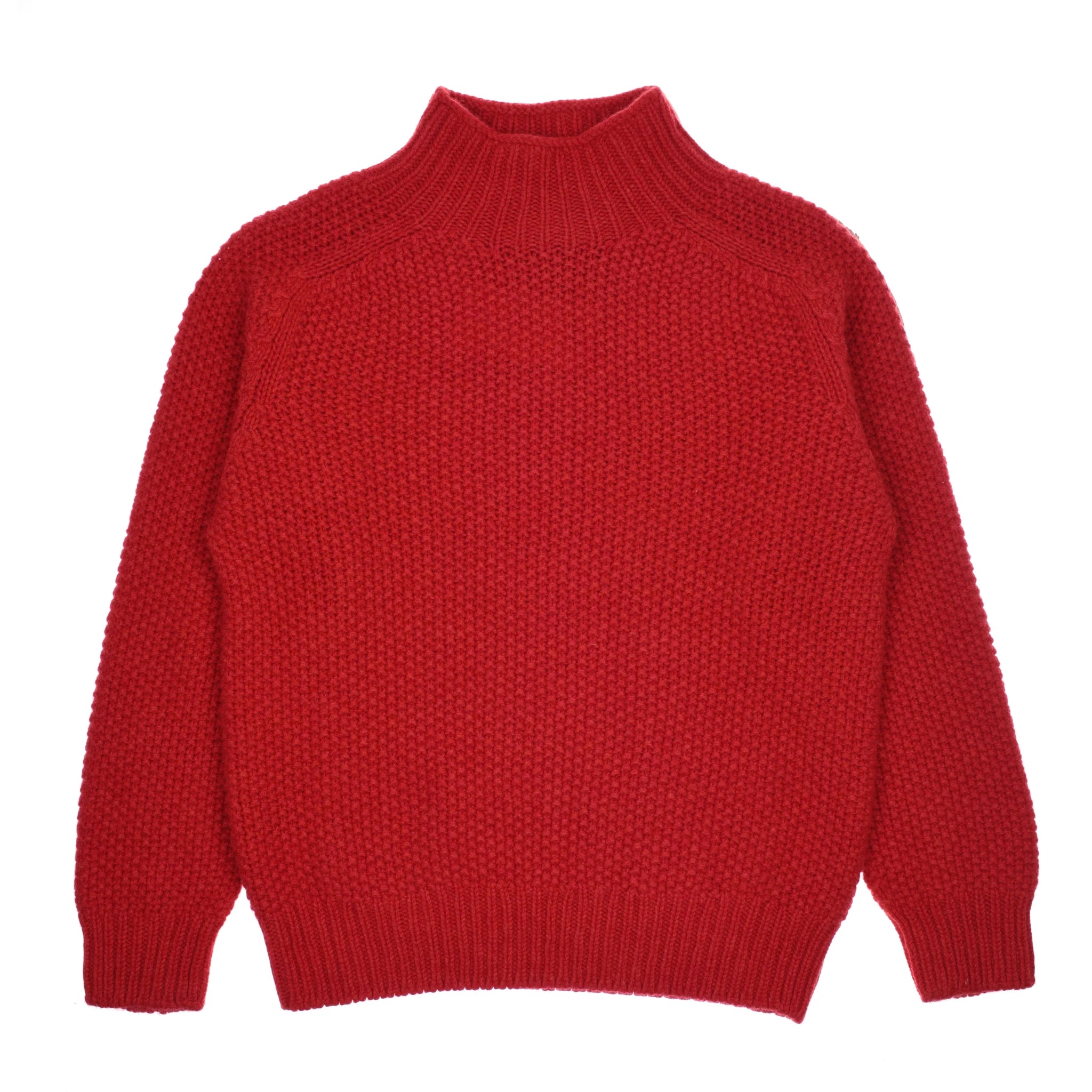 The Campbell's of Beauly Auld Stock Chunky Moss Stitch Polo in Jasper— a long-sleeved, chunky-knit sweater with a polo neck and ribbed cuffs and hem— is shown laid flat on a white background.