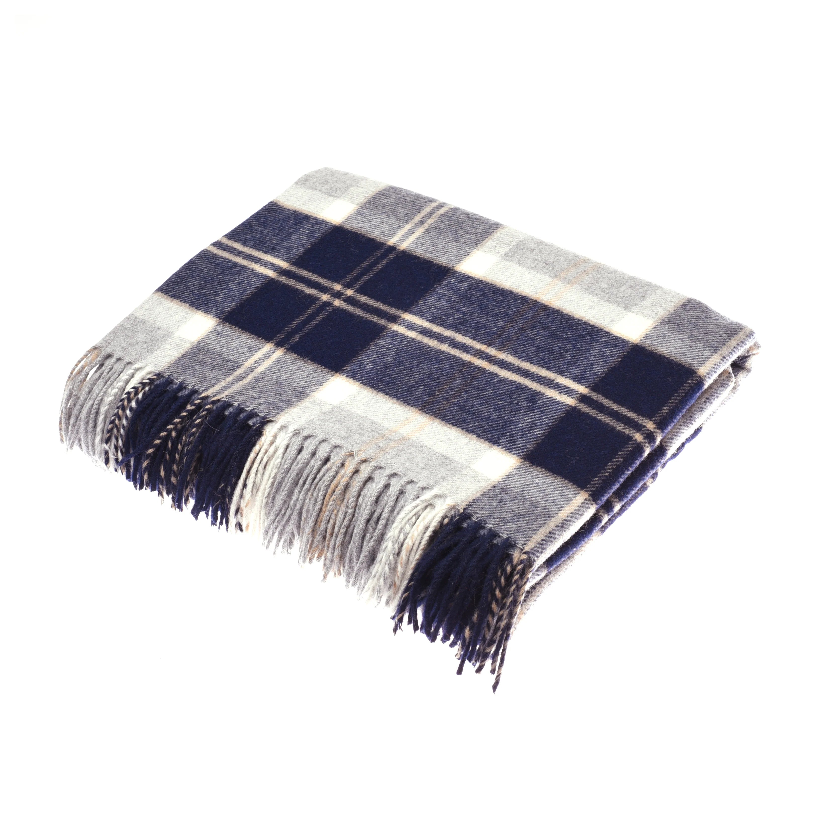 The Campbell's of Beauly Lambswool Tartan Blanket, featuring a blue, white, and gray plaid pattern with fringed edges, is displayed on a white background—a classic UK-made heritage throw for any space.