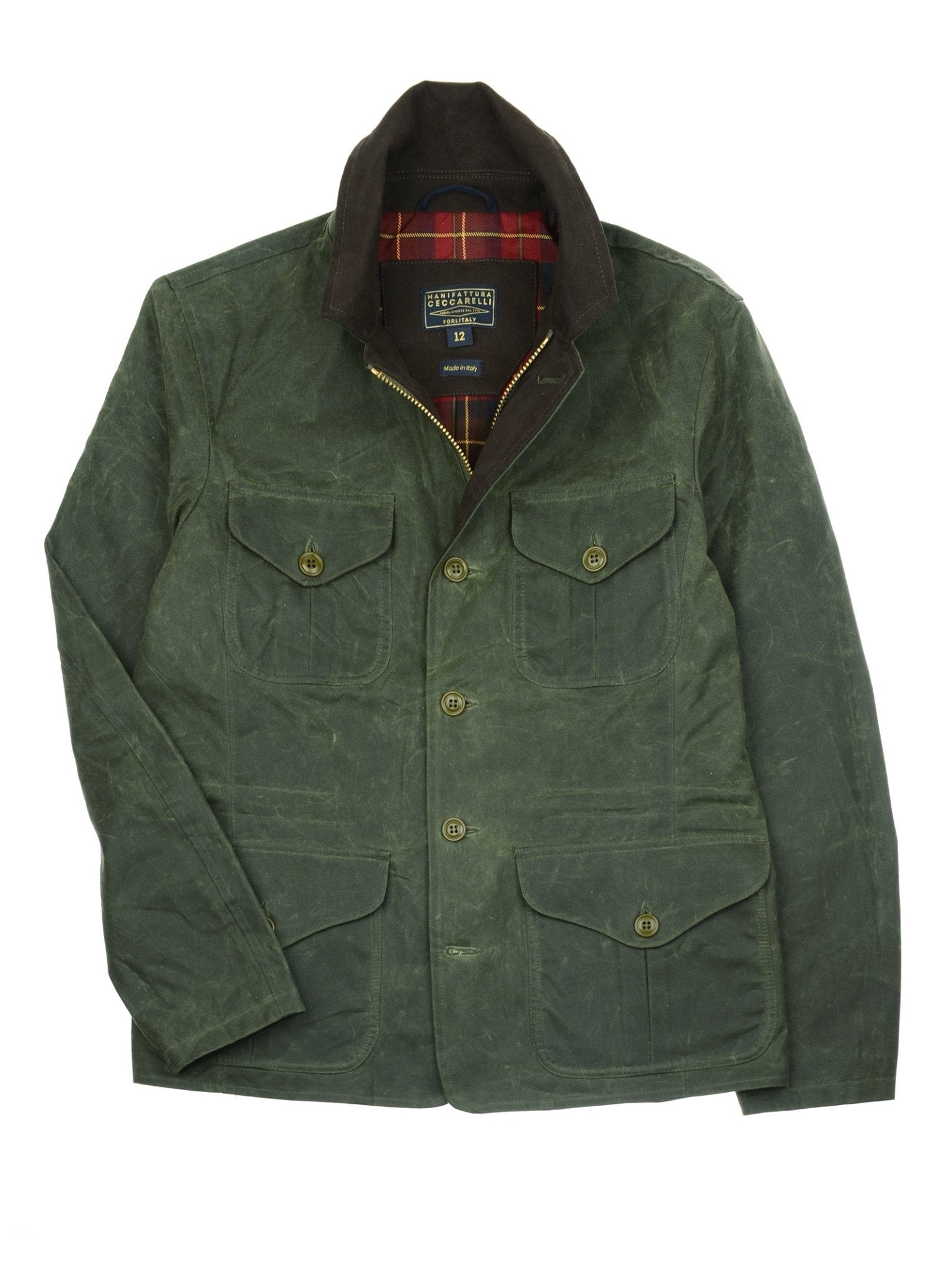 The Auld Stock Alligator Waxed Jacket by Campbell's of Beauly is a green, water-repellent cotton jacket with four front buttoned pockets, a brown corduroy collar, and a red plaid lining.