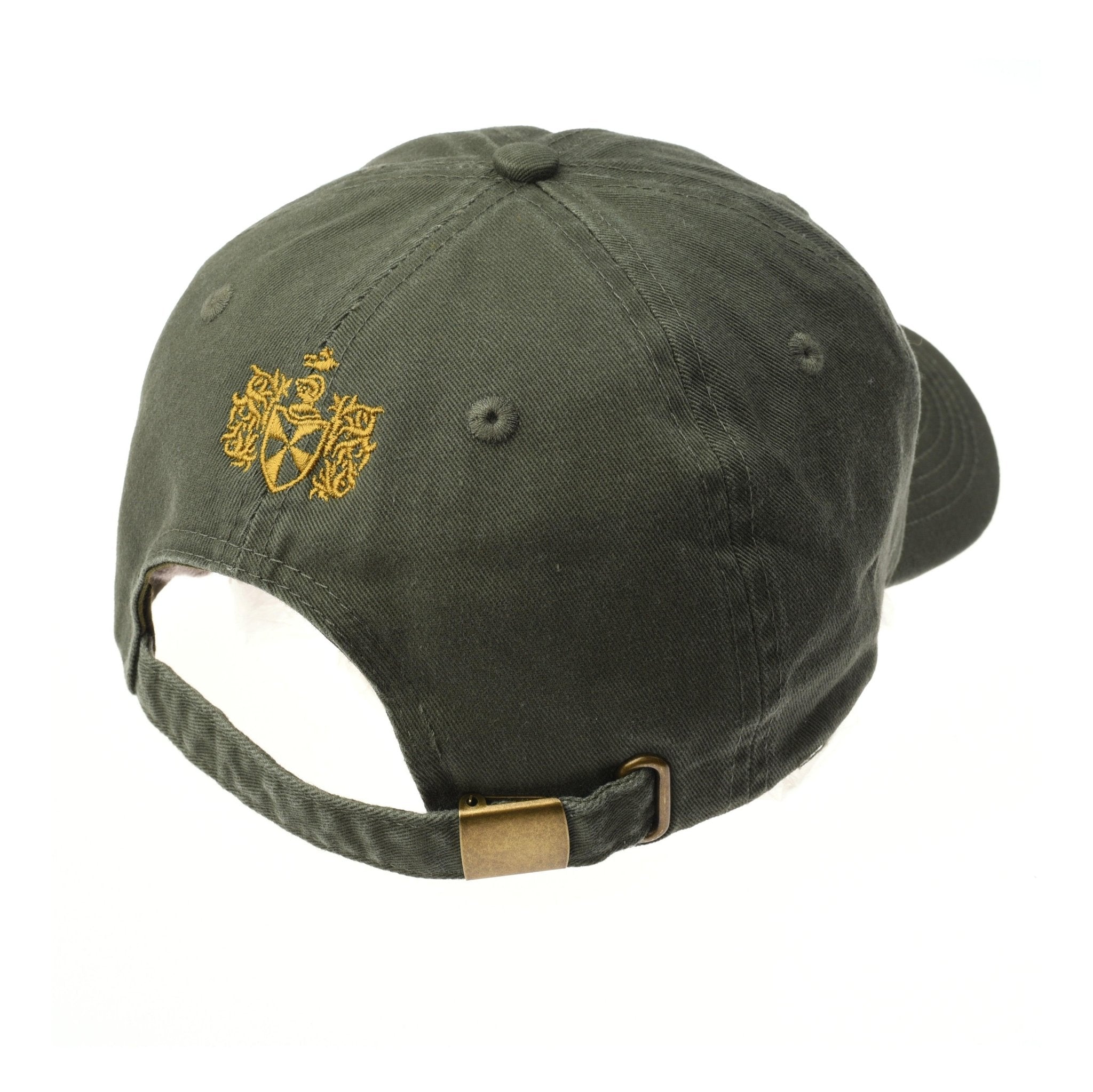 The Unisex Campbell's Baseball Cap by Campbell's of Beauly features a classic dark green design, an adjustable strap with brass buckle, and a gold emblem above the back opening—ideal for everyday wear.