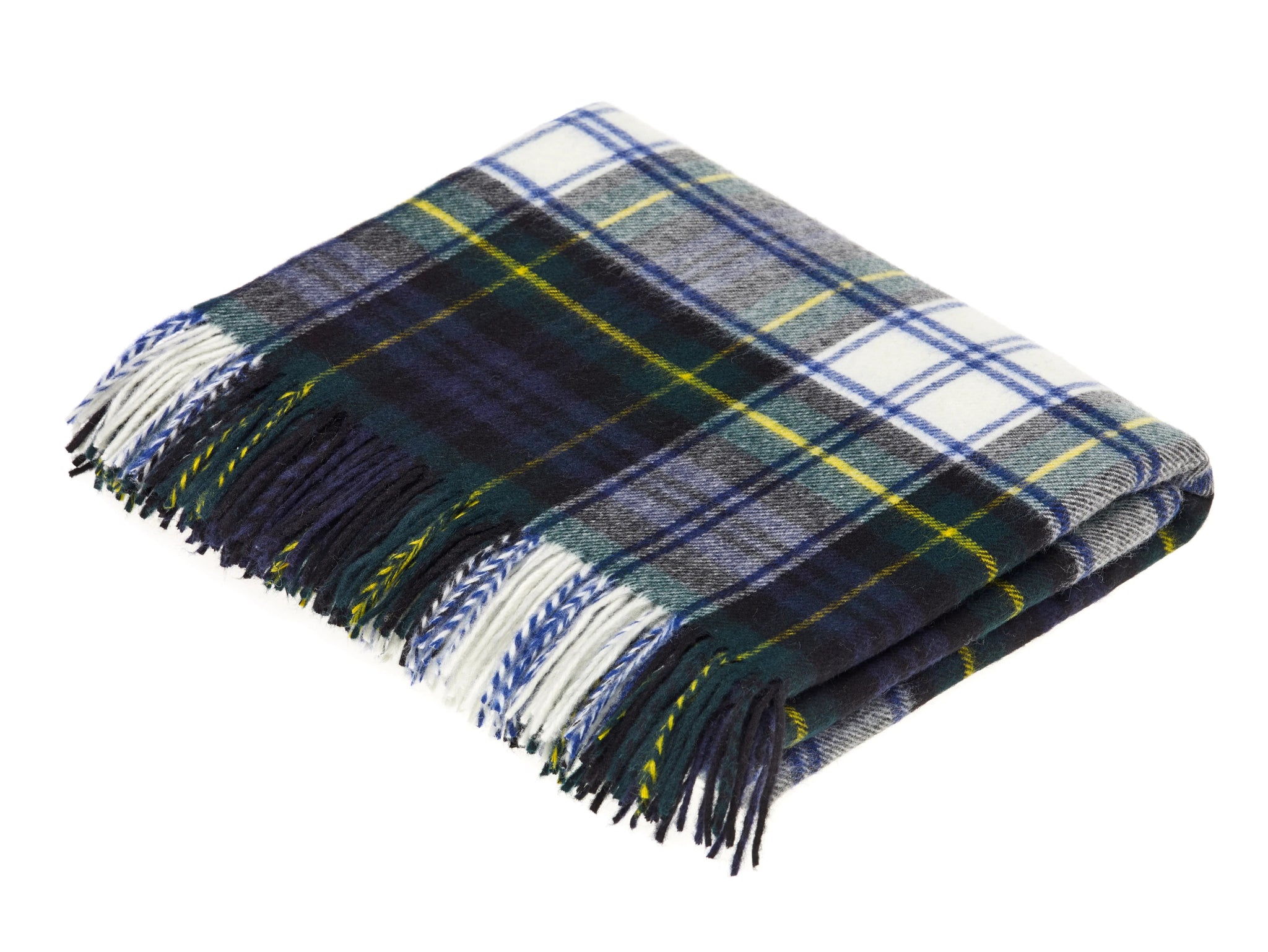 The Lambswool Tartan Blanket by Campbell's of Beauly is a UK-made wool throw in navy, green, white, and yellow plaid with coordinating fringed edges for a classic look.