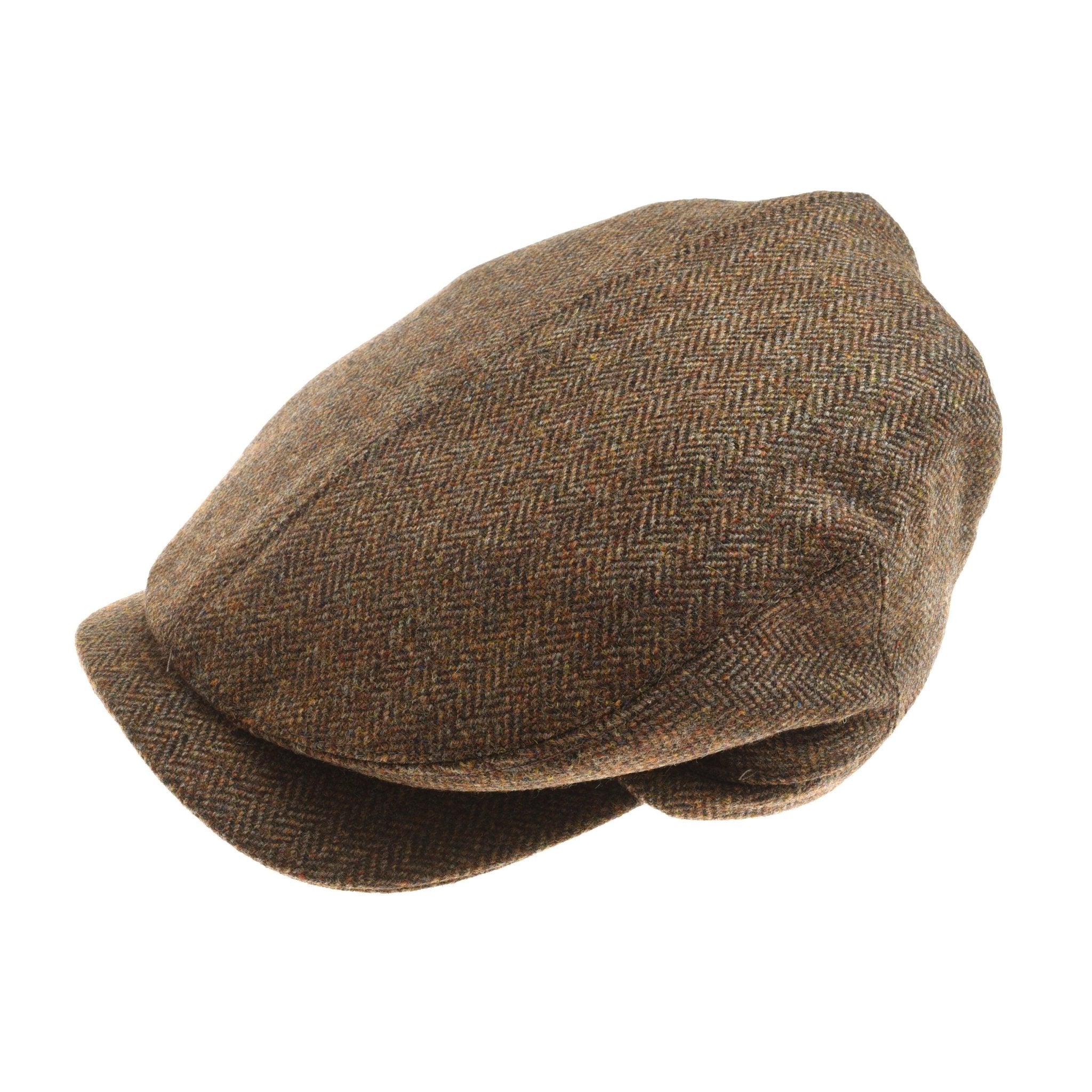 The Unisex Affric Cap by Campbell's of Beauly is a brown tweed flat cap with a subtle herringbone pattern, inspired by traditional British caps and photographed on a white background.