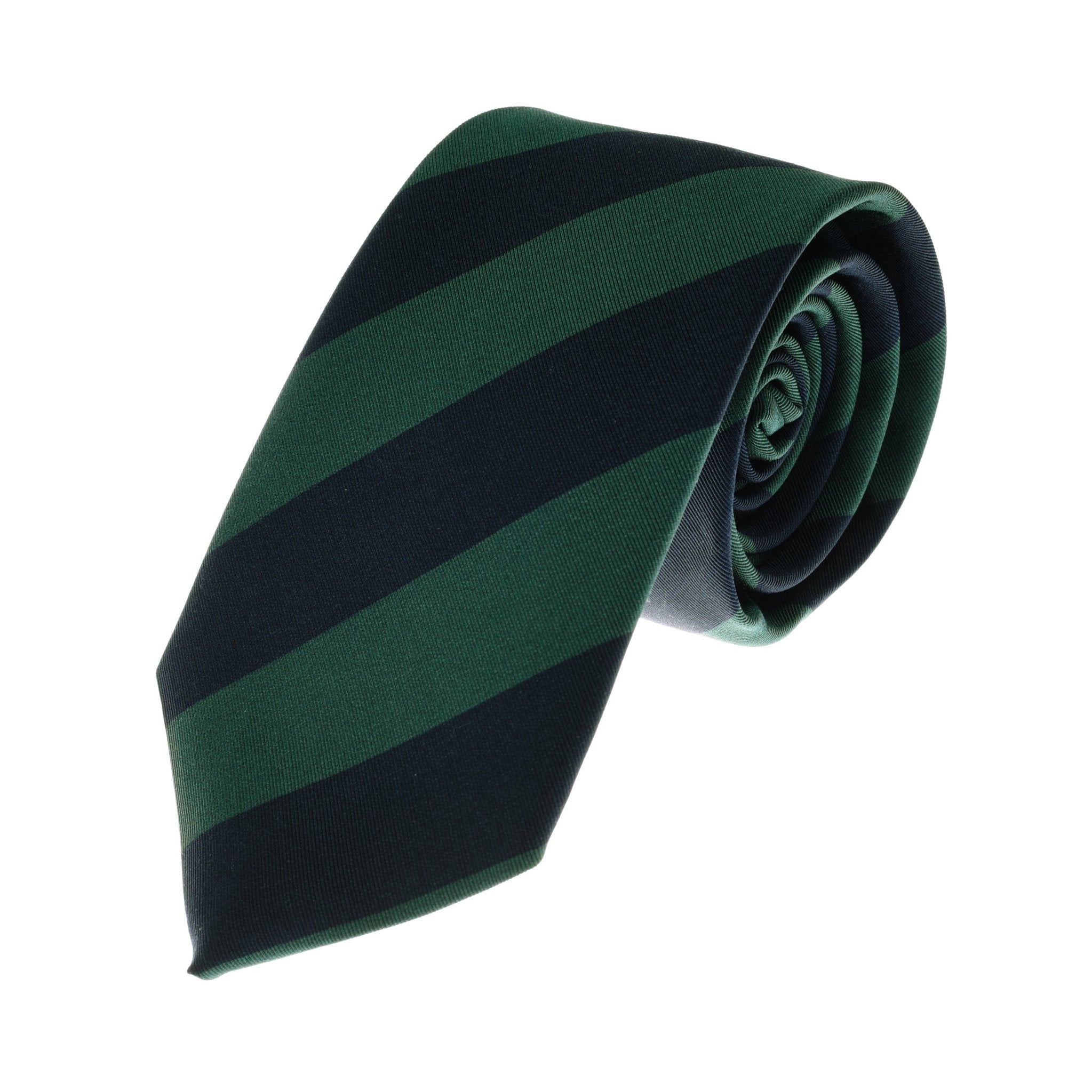 The Campbell's of Beauly Green & Navy Stripe Tie, handmade from a luxurious wool-silk blend, features classic diagonal green and navy stripes and is displayed rolled up on a white background.