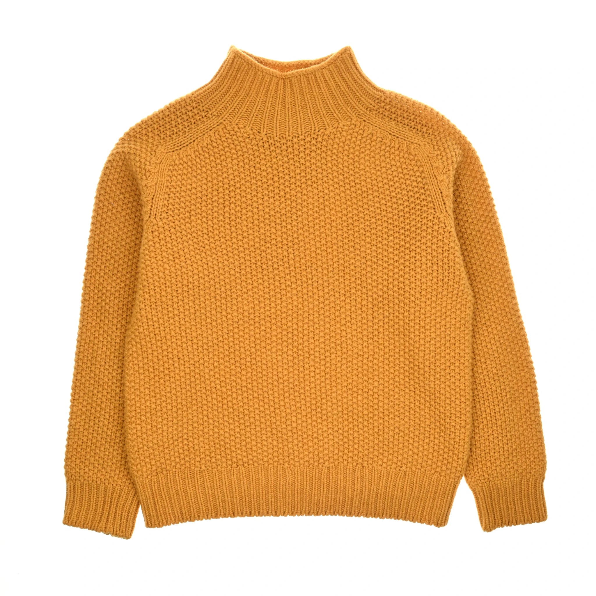 The Campbell's of Beauly Auld Stock Chunky Moss Stitch Polo Jumper in mustard yellow features textured lambswool, a high ribbed neckline, long sleeves with ribbed cuffs, and is shown laid flat on a white background.