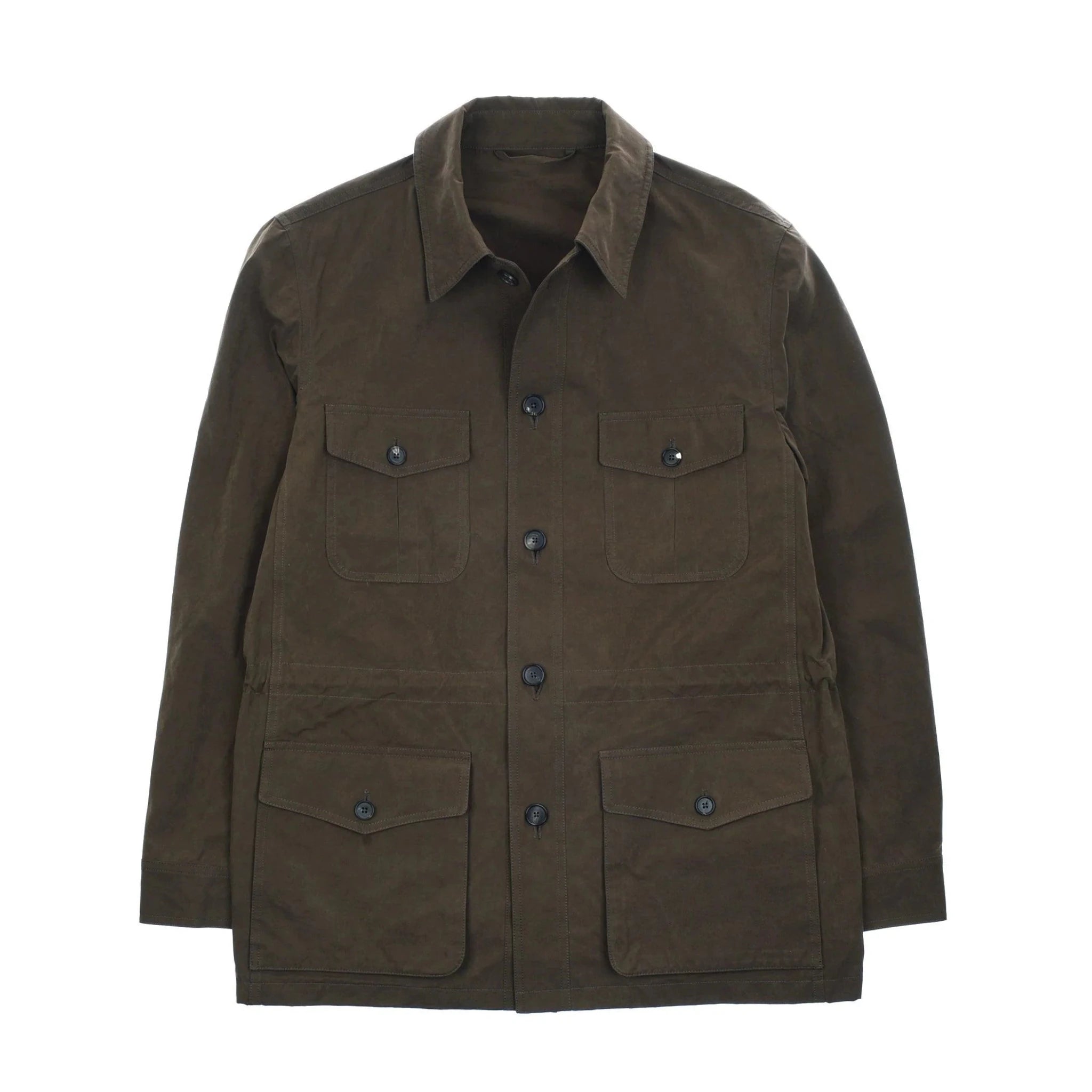The Campbell's of Beauly Auld Stock Aigas Field Jacket is a dark brown Italian piece with a button-up front, four flap pockets, and a classic collar, made from soft peach skin fabric and shown against a white background.
