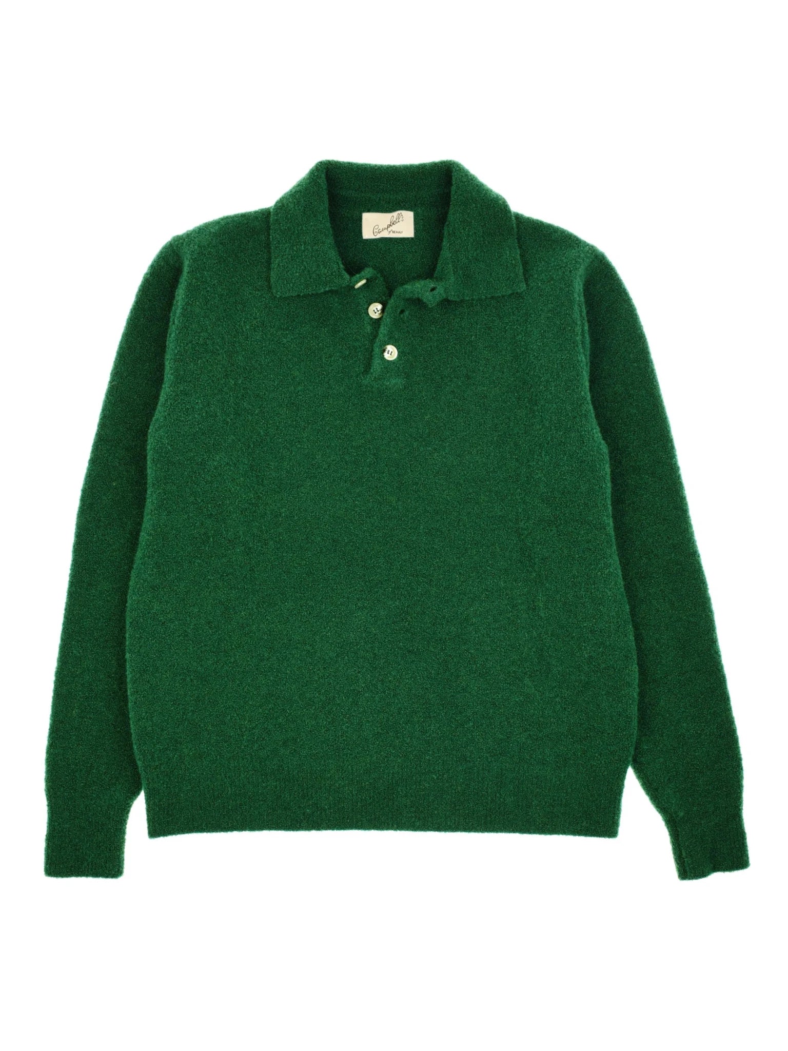 The Auld Stock Bouclé Neck Jumper by Campbell's of Beauly, a green long-sleeve Italian knit sweater with a collar and three-button placket, is shown laid flat on a white background.