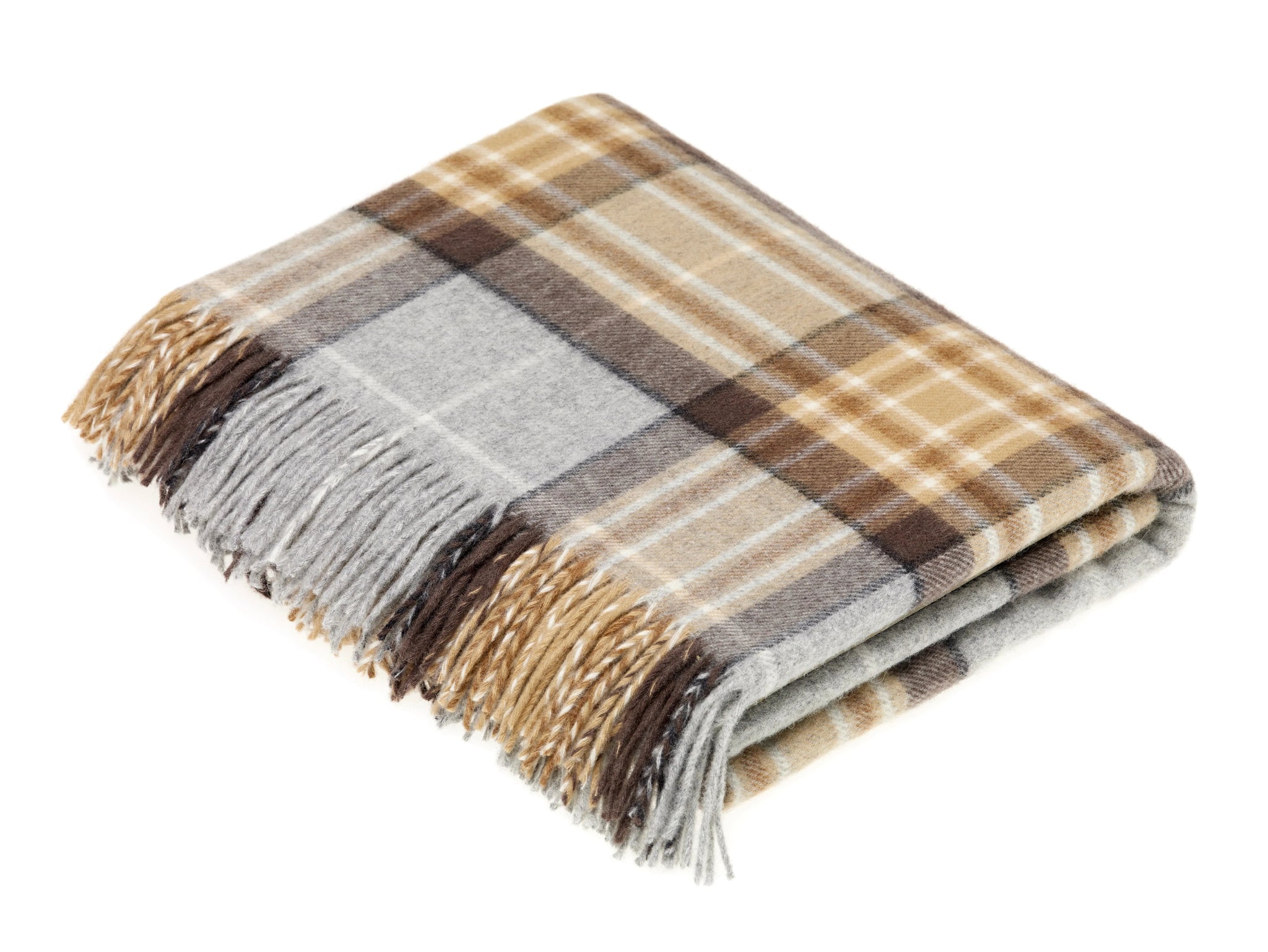 The Lambswool Tartan Blanket by Campbell's of Beauly features brown, beige, and gray stripes with fringed edges—a classic UK-made throw perfect for lovers of timeless style.