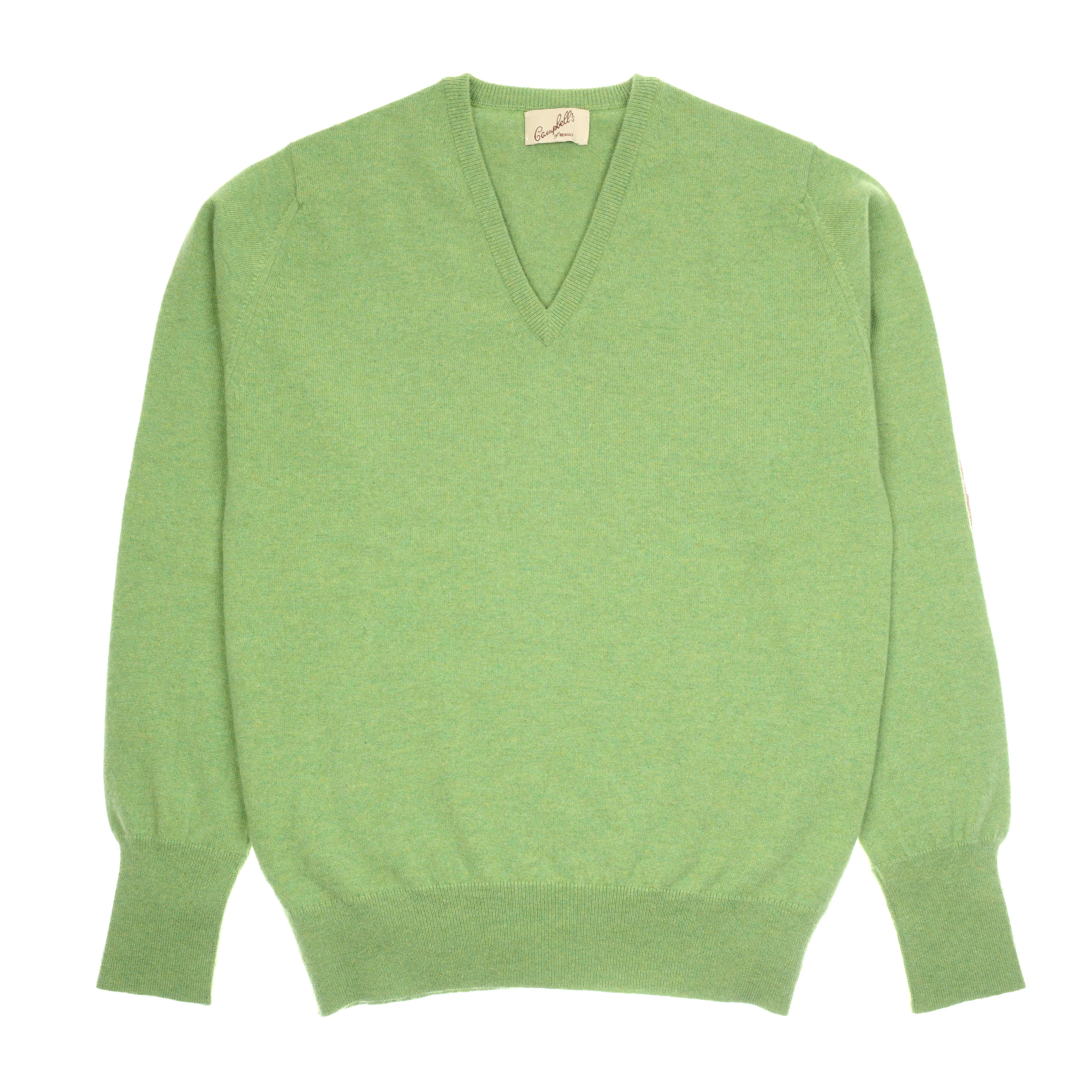 The Auld Stock Cashmere V-Neck Jumper by Campbell's of Beauly features a light green hue, long sleeves, and ribbed cuffs and hem, shown laid flat on a white background.