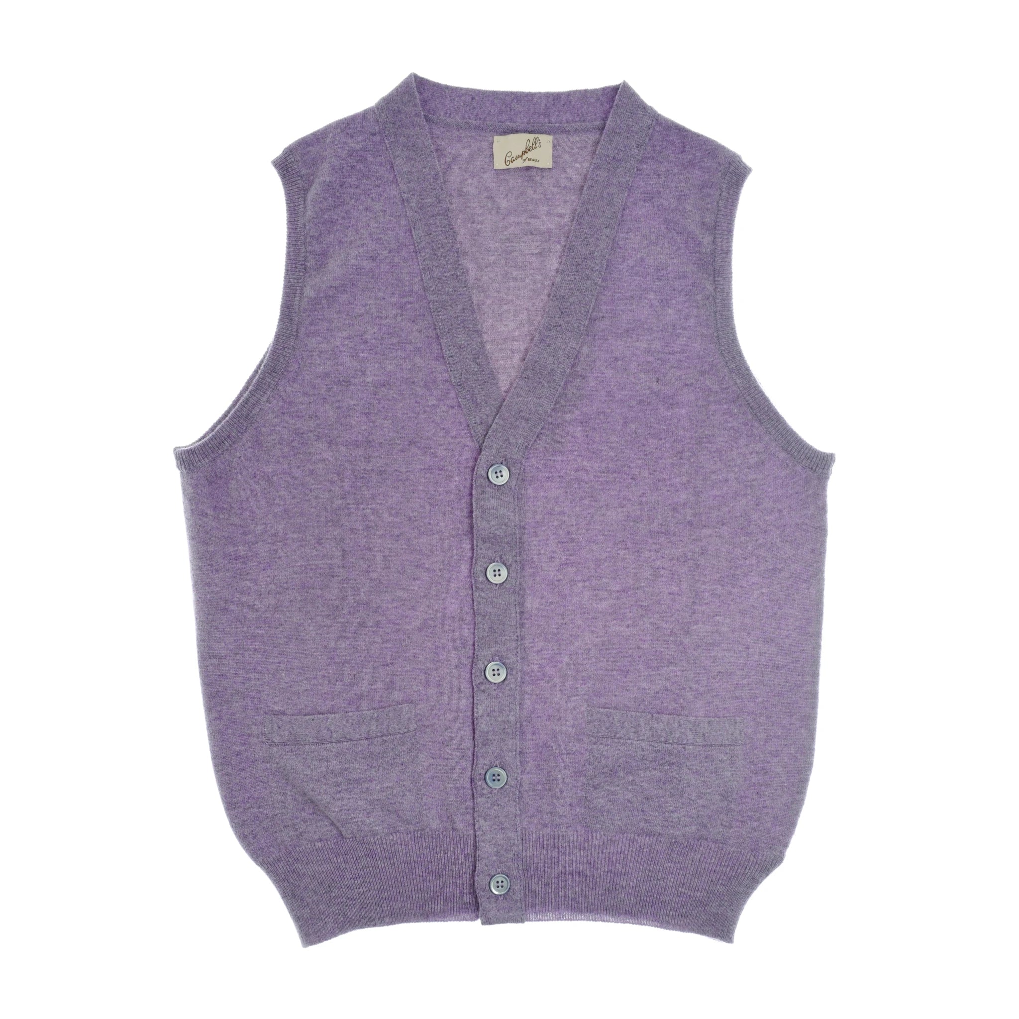 The Auld Stock Geelong Button Waistcoat by Campbell's of Beauly is a sleeveless lavender purple merino wool vest with two front pockets, shown flat on a white background—an elegant choice for any country wardrobe.