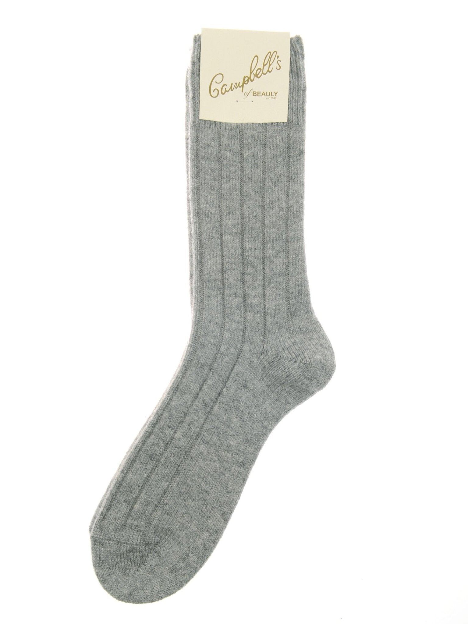 A single light gray Rib Cashmere Sock by Campbell's of Beauly, featuring a label at the top, displayed on a plain white background—luxurious comfort and style in every stitch.