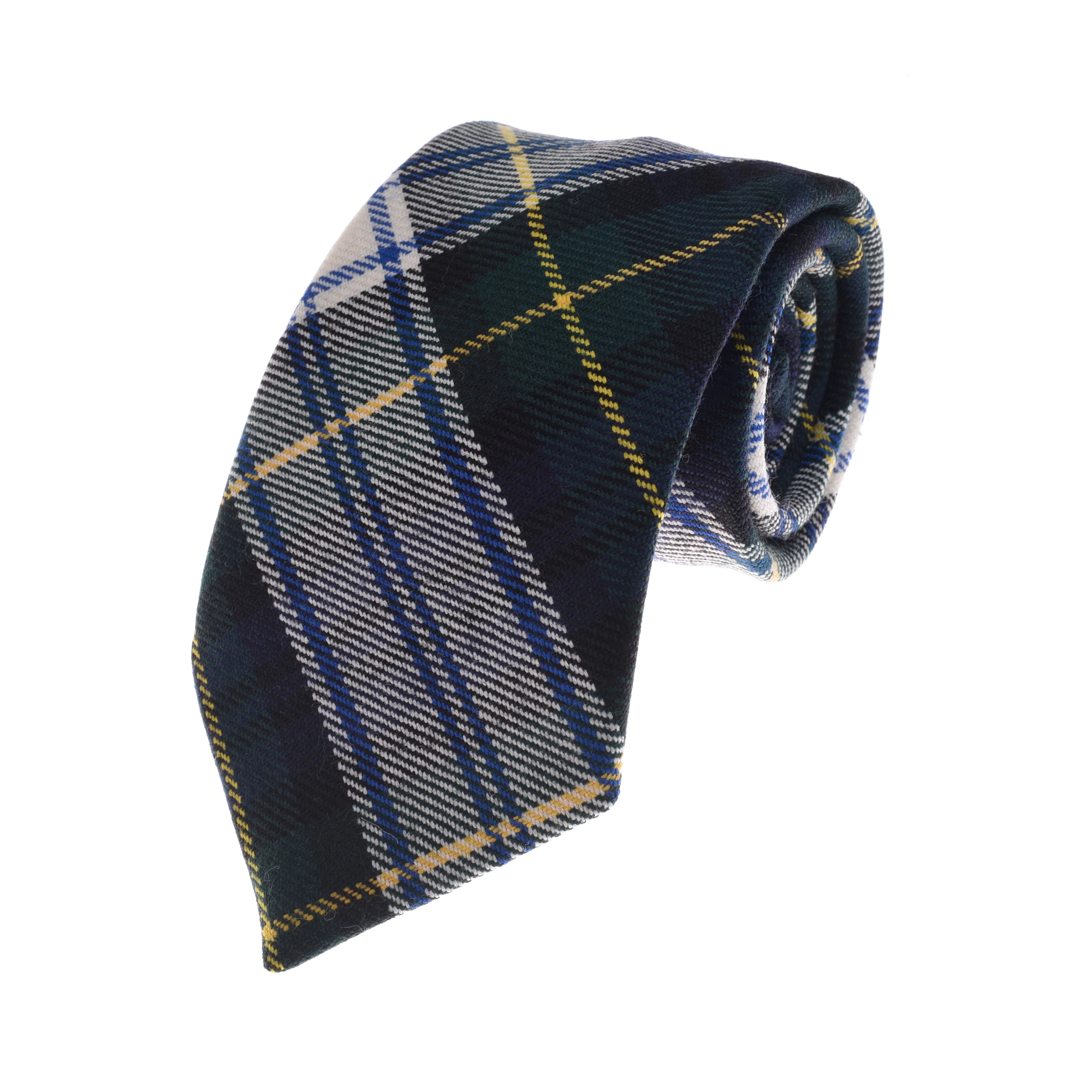 The Campbell's of Beauly Tartan Tie features a classic plaid in dark green, navy blue, white, and yellow. Made from fine wool neck tie fabric and displayed on a white background, it's ideal for formalwear.