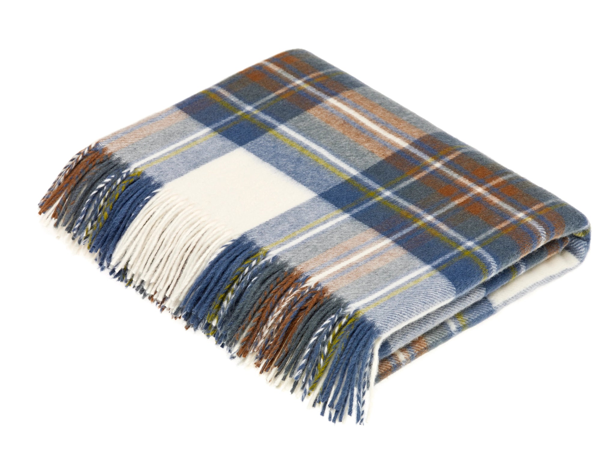 The Campbell's of Beauly Lambswool Tartan Blanket is a folded wool throw with a blue, brown, gray, and white plaid pattern and fringed edges.