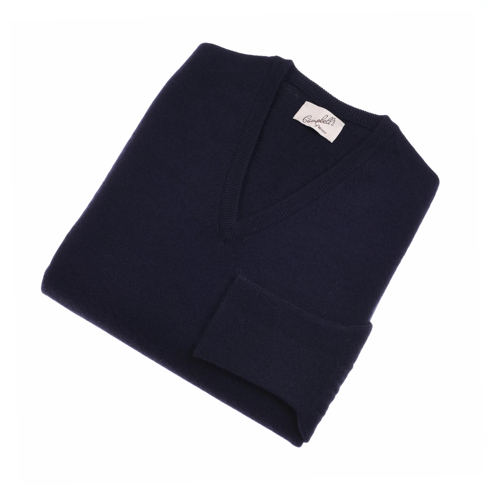 The Auld Stock Cashmere V-Neck Jumper by Campbell's of Beauly, in navy blue, is neatly folded with a visible white label on the inside collar, displayed against a white background.