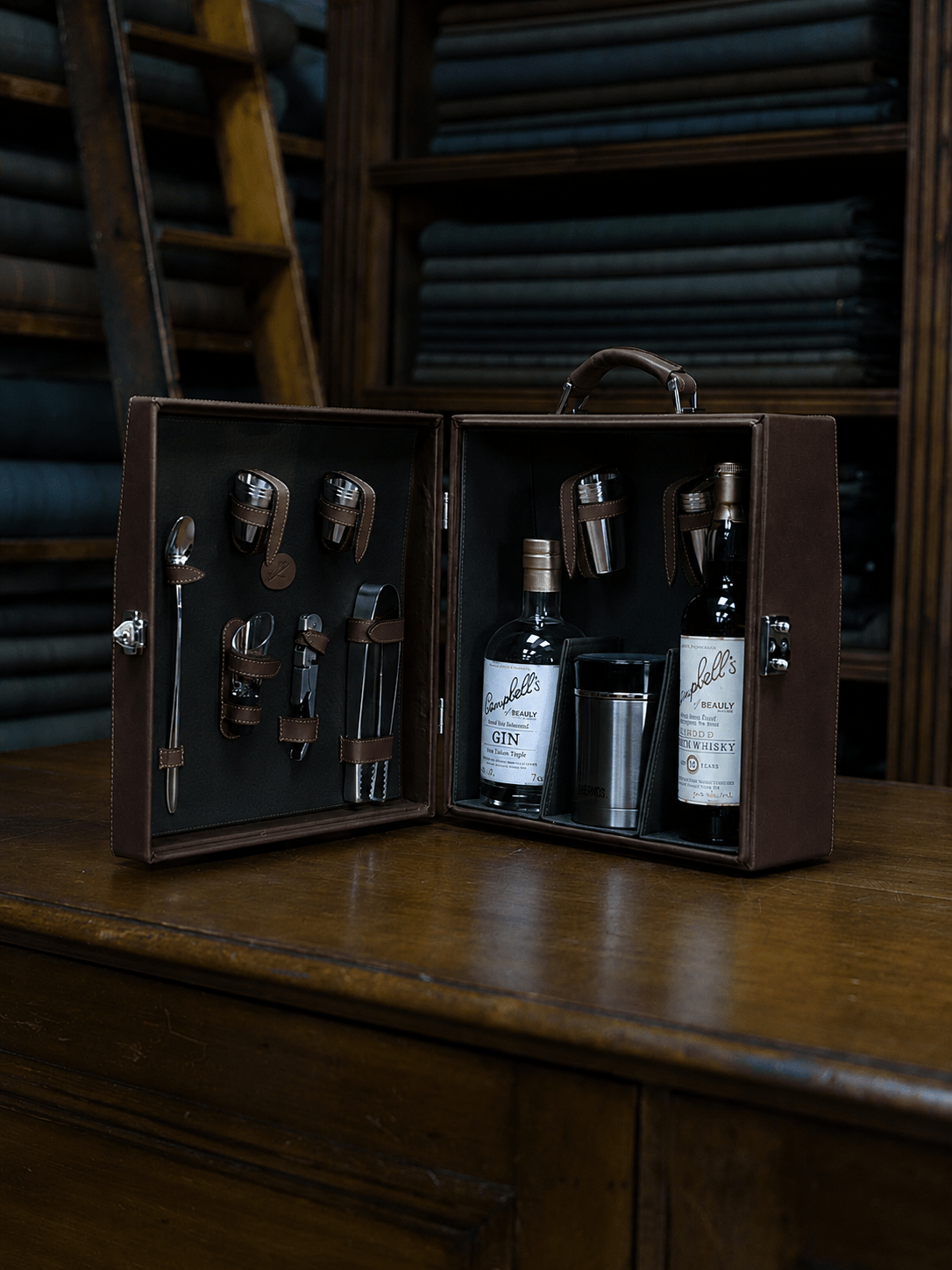 The Campbell's of Beauly Brown Leather Mini Bar sits open on a wooden table, showing gin and whisky bottles, two metal cups, a jigger, and bar tools. Fabric bolts and a wooden ladder are visible in the background.