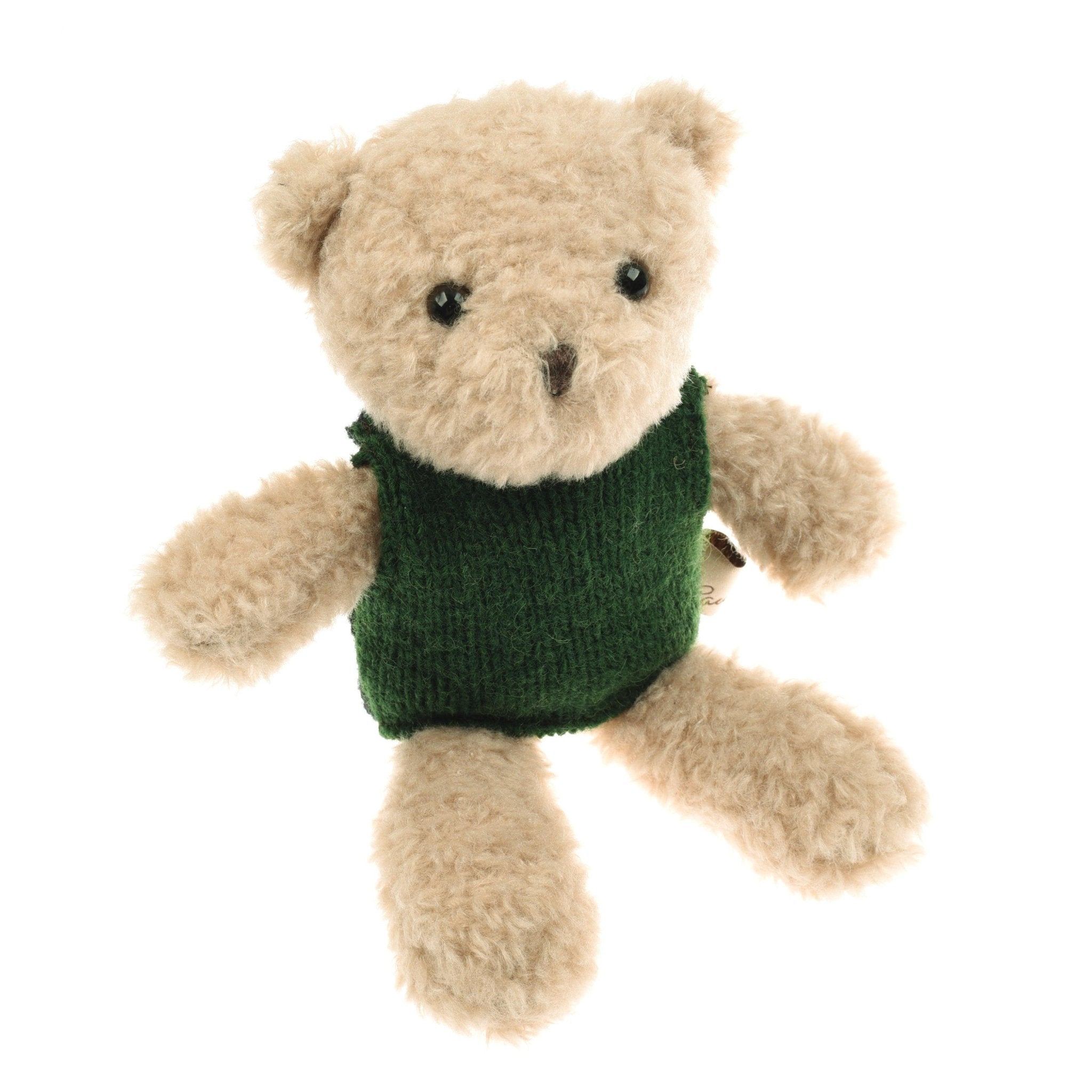Bobby the Bear by Campbells of Beauly is a light brown teddy bear in a dark green knit sweater, sitting upright against a white background.