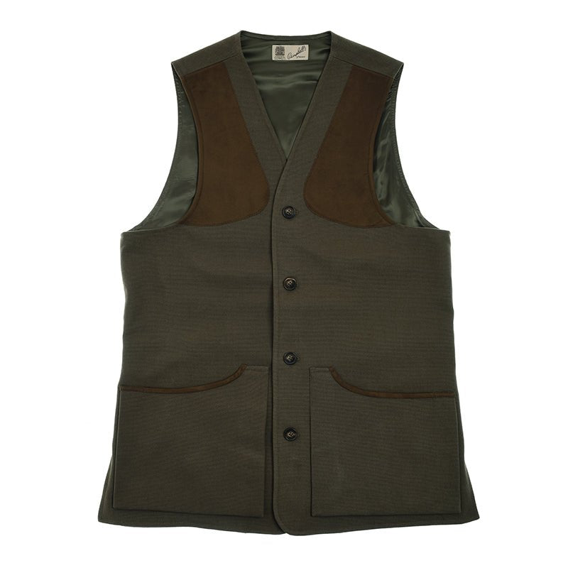 The Auld Stock Cotton Shooting Waistcoat by Campbell's of Beauly features an olive green cotton canvas, dark brown shoulder patches, three buttons, large pockets, and a smooth lining—ideal for countryside pursuits and classic field style.