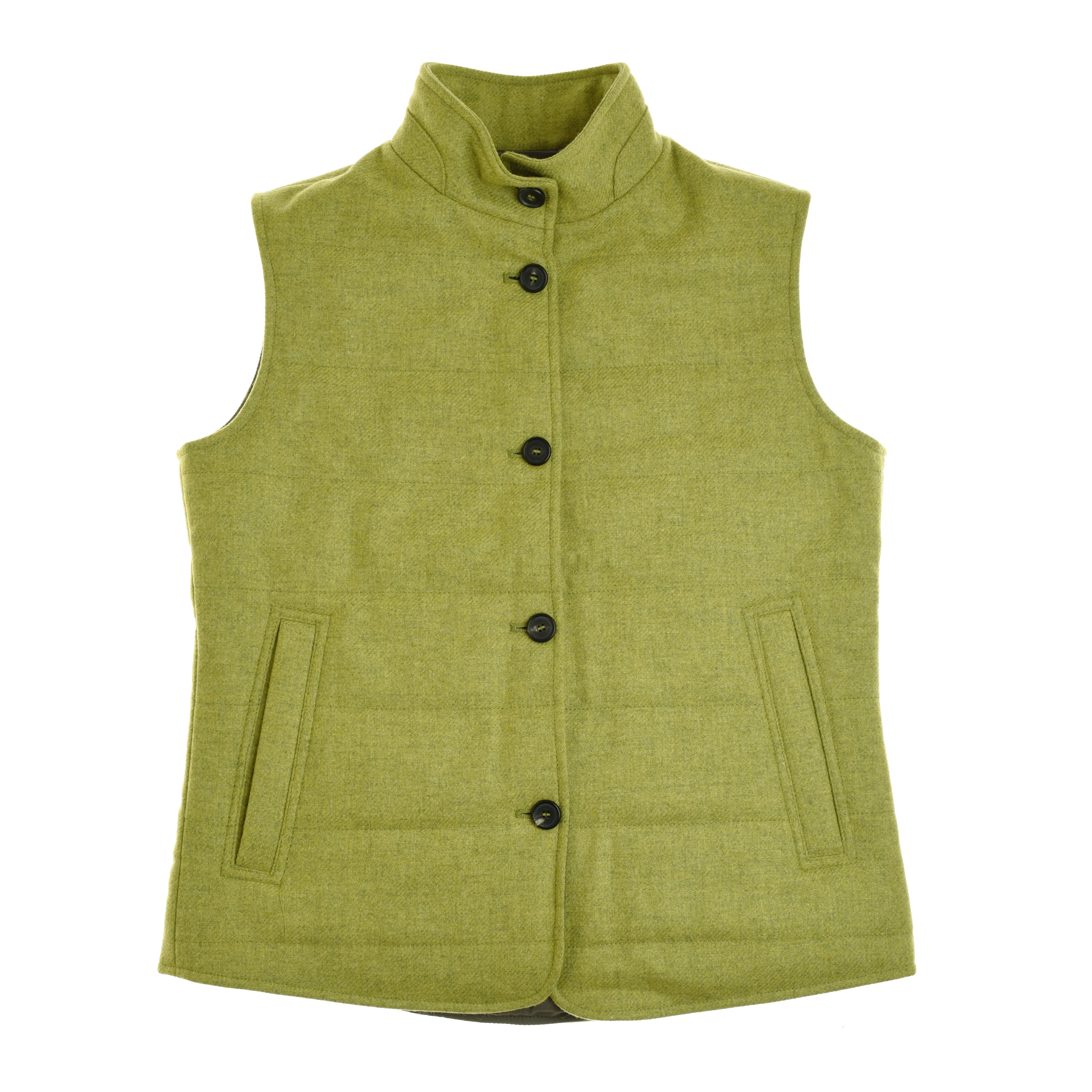 The Auld Stock Quilted Buttoned Gilet by Campbell's of Beauly is a light green, sleeveless tweed gilet with a high collar, four black front buttons, and two front pockets, shown laid flat on a white background.