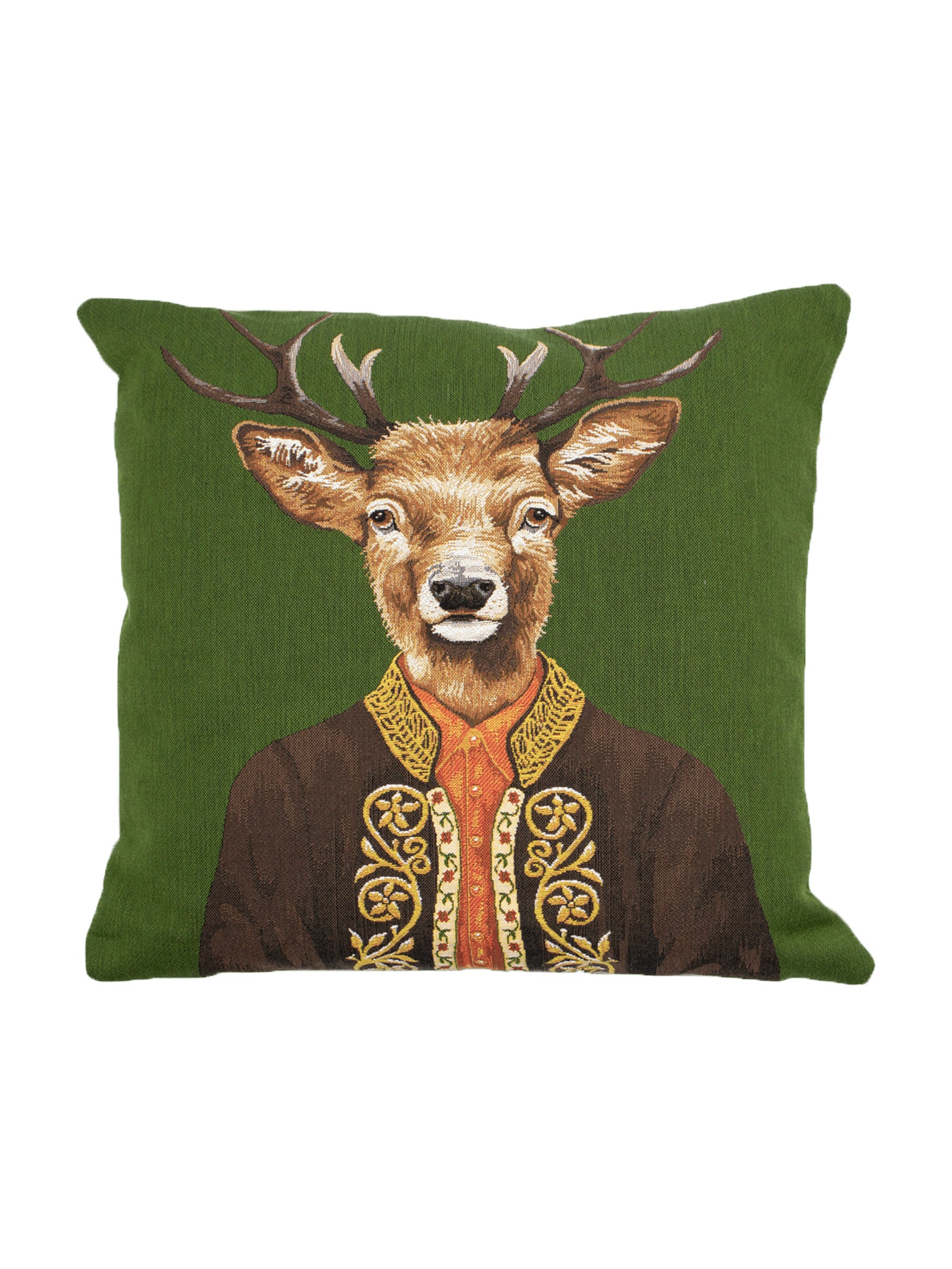 The Campbell’s of Beauly Alpine Deer Cushion Cover features an illustrated deer with antlers, dressed in an ornate embroidered jacket and orange shirt on a plain background—a charming decorative throw pillow cover that brings woodland elegance to your space.