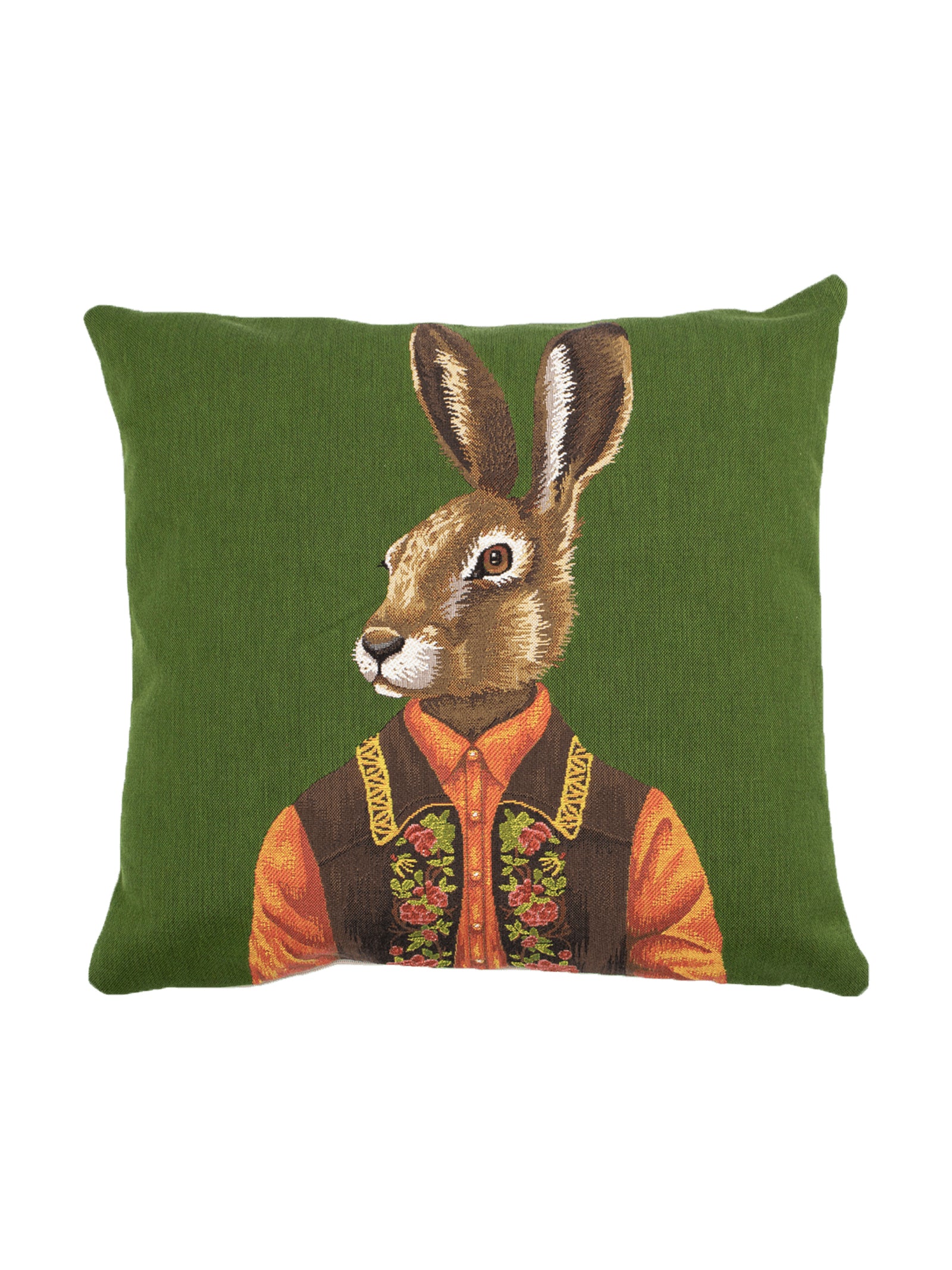 The Alpine Hare Cushion Cover by Campbell’s of Beauly is a green decorative cover featuring an illustration of an alpine hare with a human body, dressed in an orange shirt and embroidered vest.