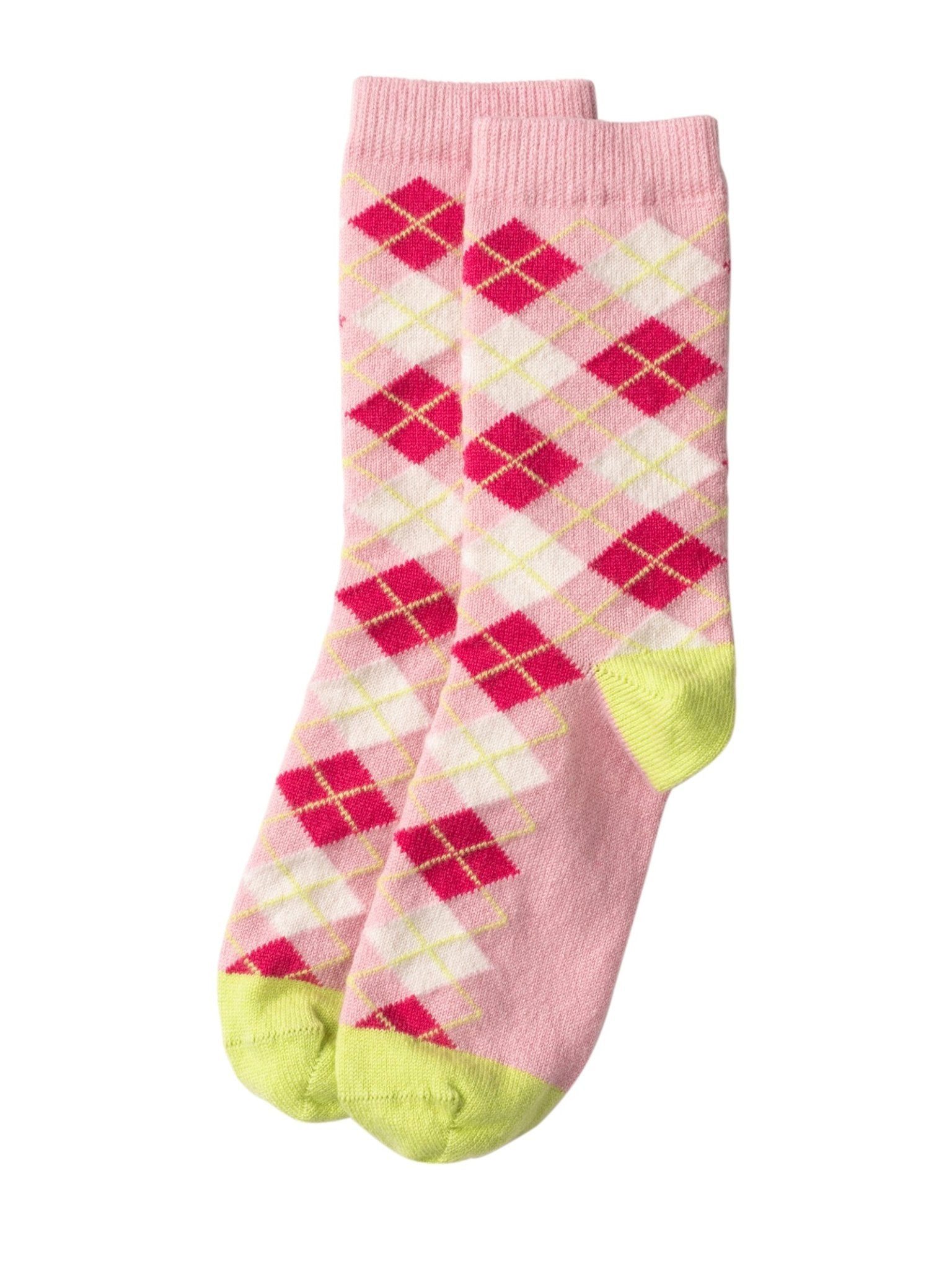 A pair of Campbell’s of Beauly Cashmere Argyle Socks in Lily, showcasing a pink base with a red and white argyle pattern and light yellow toes and heels.