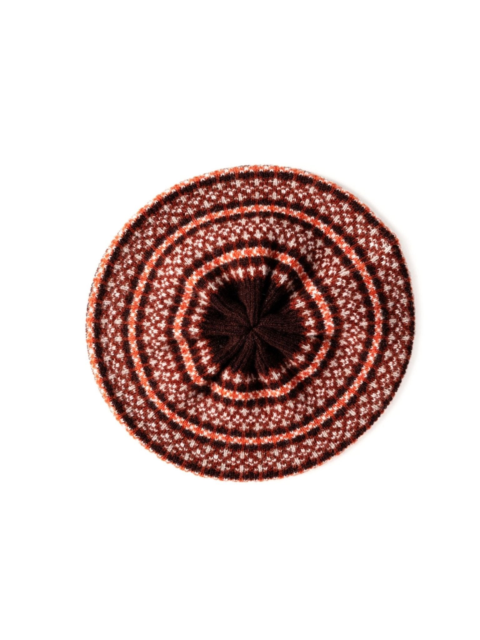 The Campbell’s of Beauly Fairisle Beret in Bordeaux, featuring a round, knitted geometric pattern in red, white, and brown, is shown viewed from above on a white background.