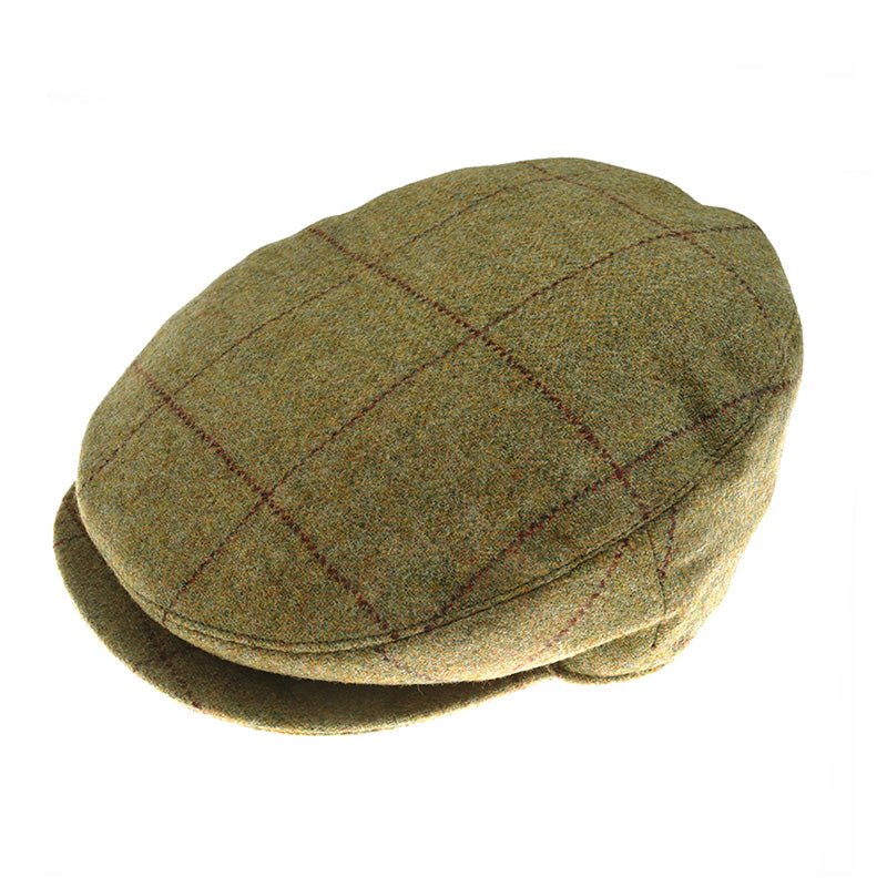 The Auld Stock Beauly Cap by Campbell's of Beauly is a classic flat cap made from British tweed, featuring a brown and green plaid, rounded crown, and short brim—ideal for timeless style.
