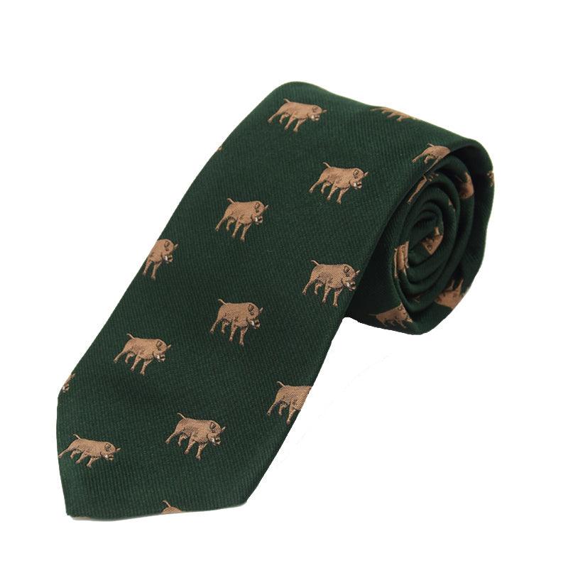 The Campbells of Beauly Boar Silk Tie is a green handmade silk necktie featuring a countryside motif with repeating light brown bison, elegantly displayed rolled up to showcase its distinctive pattern.