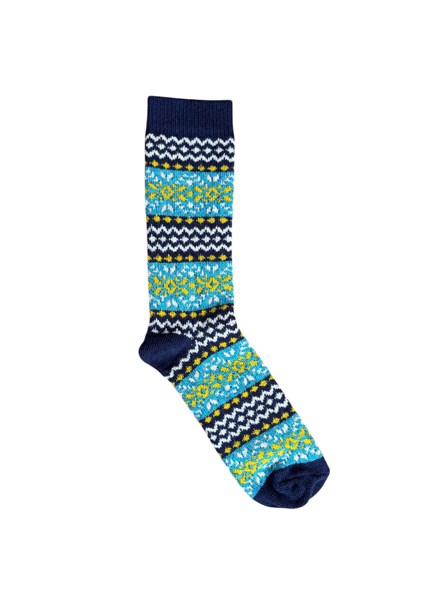 A single vibrant Fairisle Sock by Campbell’s of Beauly, crafted in the UK from a soft wool and cotton blend, showcasing blue, yellow, white, and navy zigzag, stripe, and floral patterns—all set against a plain white background.