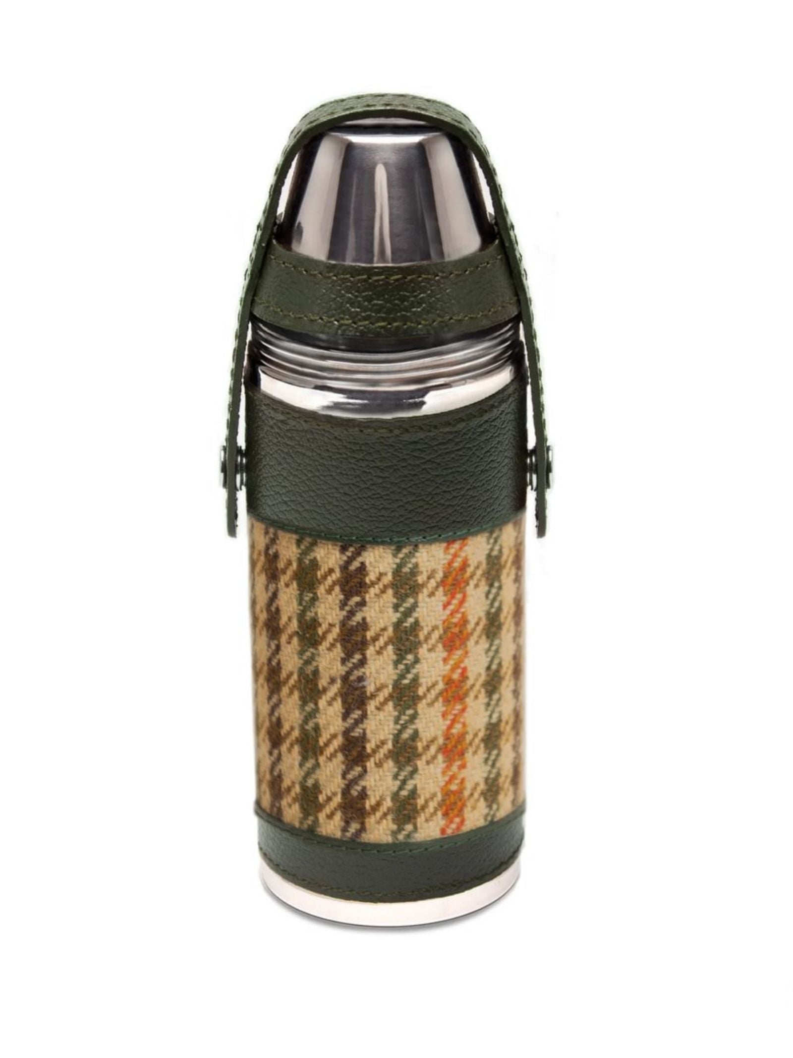 The 8oz Forest Green Hunter Flask by Campbell's of Beauly x Ettinger features a plaid fabric middle with green, brown, and orange stripes, Capra goat leather top and base in green, a leather strap, and showcases British craftsmanship.