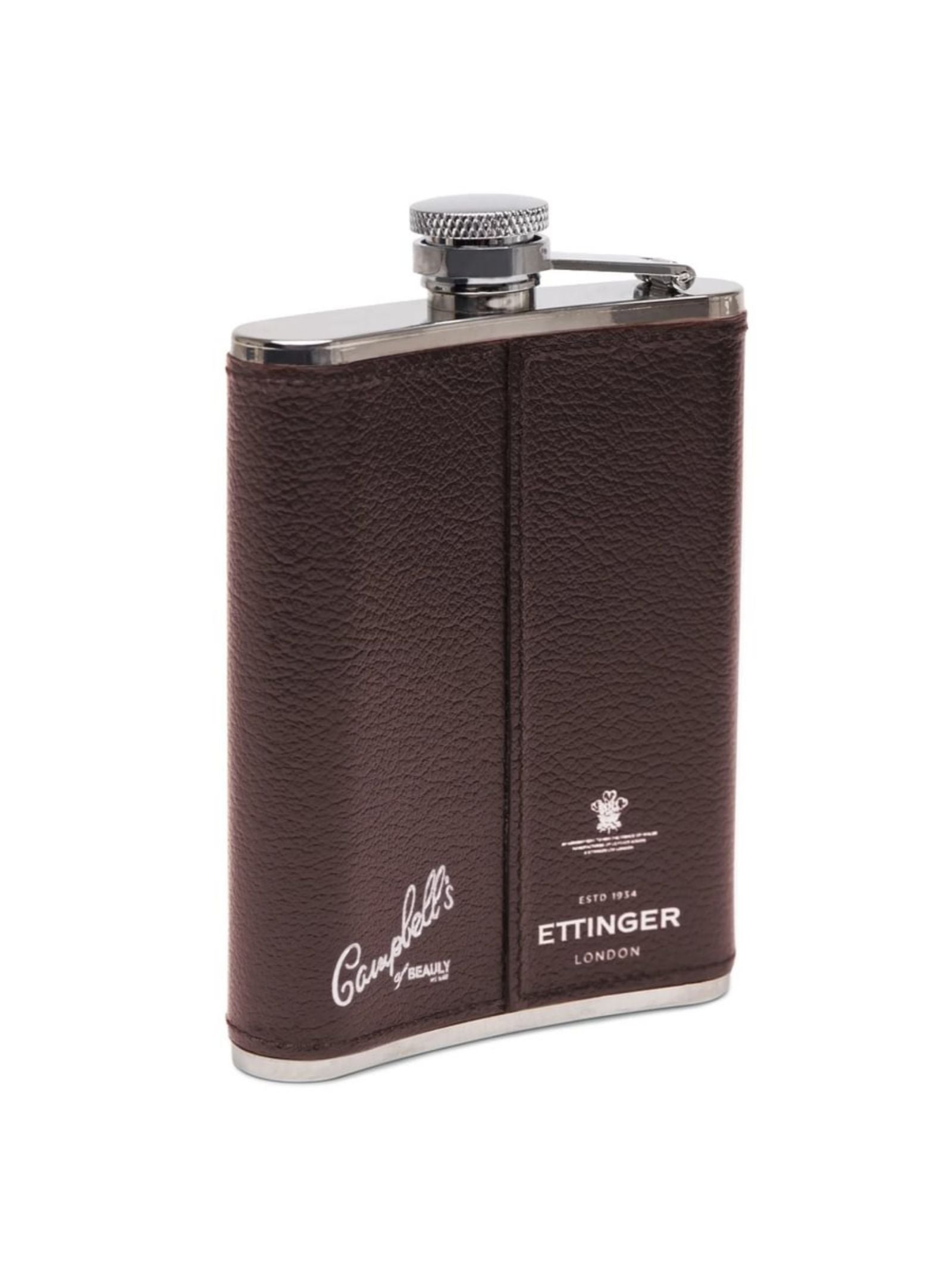 The 6oz Chocolate Hip Flask by Campbell's of Beauly x Ettinger features stainless steel wrapped in textured Capra goat leather, silver accents, and embossed white logos, highlighting classic British craftsmanship on the front.