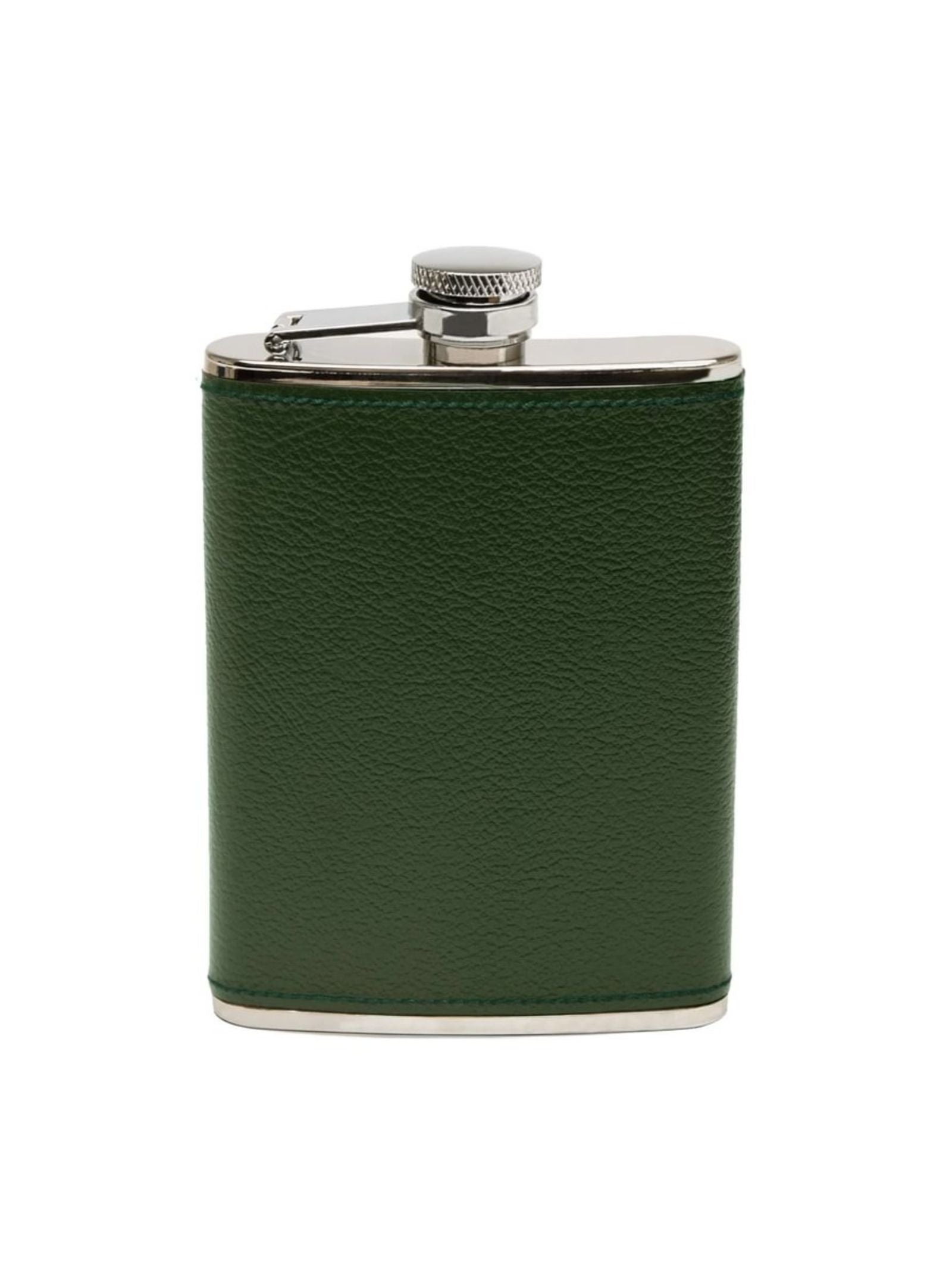 The 6oz Forest Green Hip Flask by Campbell's of Beauly x Ettinger features Capra goat leather, silver cap and trim, and highlights British craftsmanship, shown isolated on a white background.