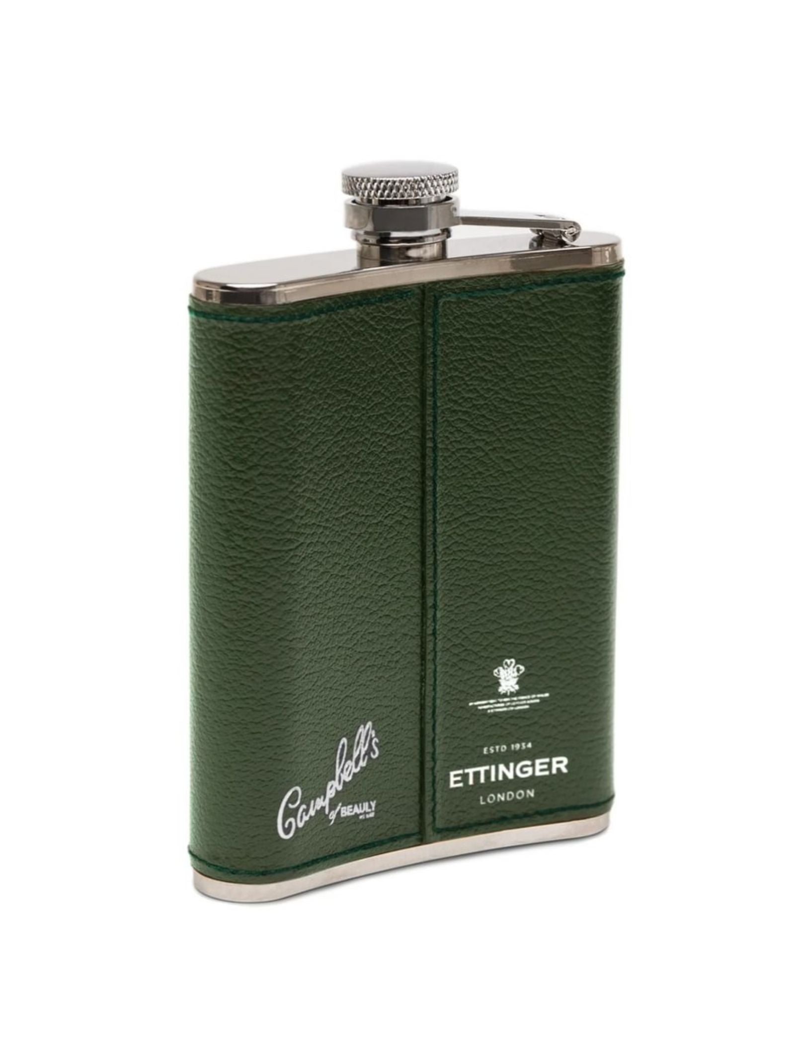 The 6oz Forest Green Hip Flask by Campbell's of Beauly x Ettinger features Capra goat leather, a screw cap, silver accents, and embossed branding—an upright display on white highlights its refined British craftsmanship.