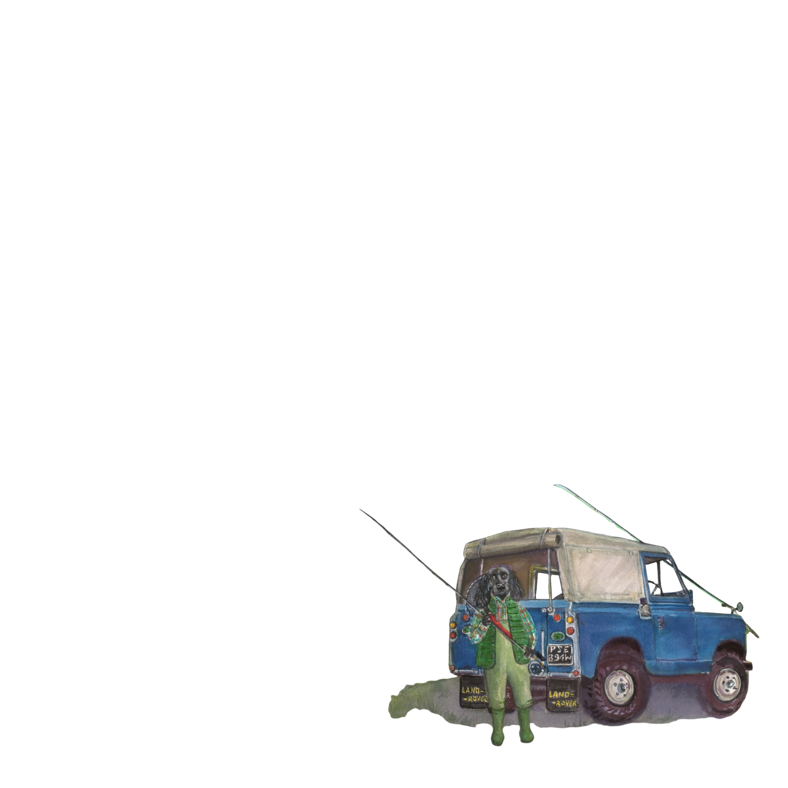 A person in green overalls stands beside a blue vintage SUV with fishing rods attached, holding a fish, on a mostly white background with ample empty space above.