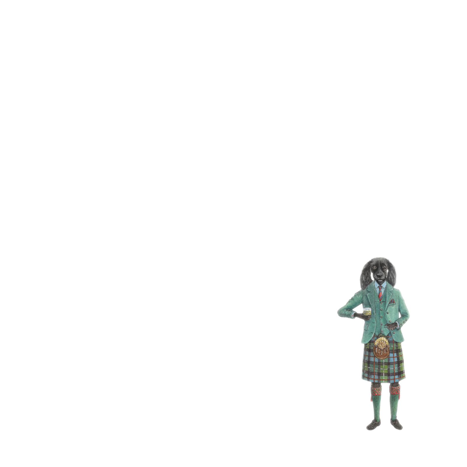 A human figure with a dogs head, wearing a green blazer, plaid kilt, and knee-high socks, stands near the bottom right corner of a mostly empty white background.