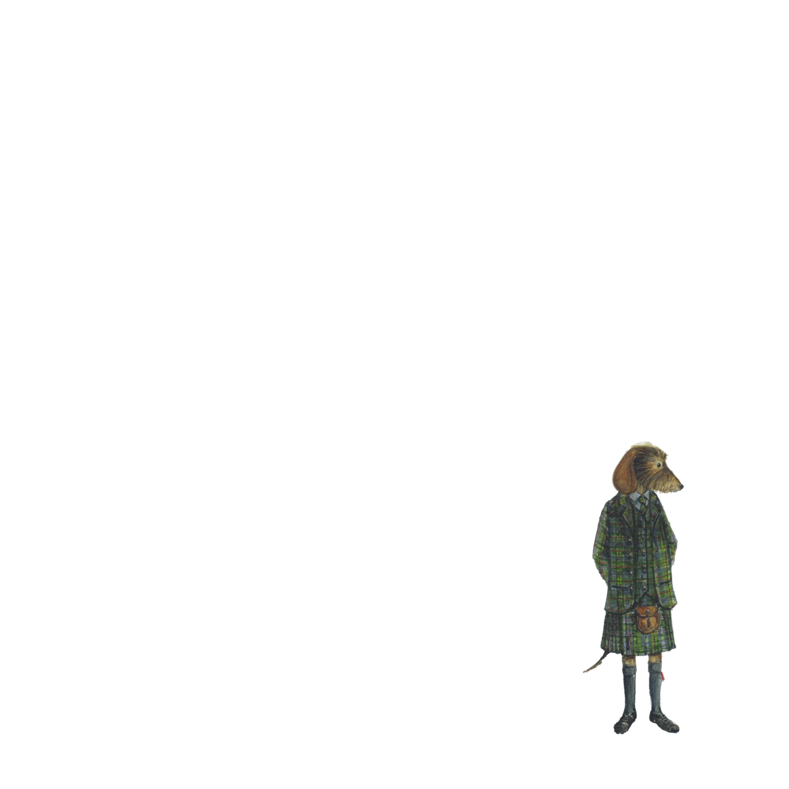 A small figure of an anthropomorphic dog in a green plaid coat stands in the lower right corner of a mostly empty white background.