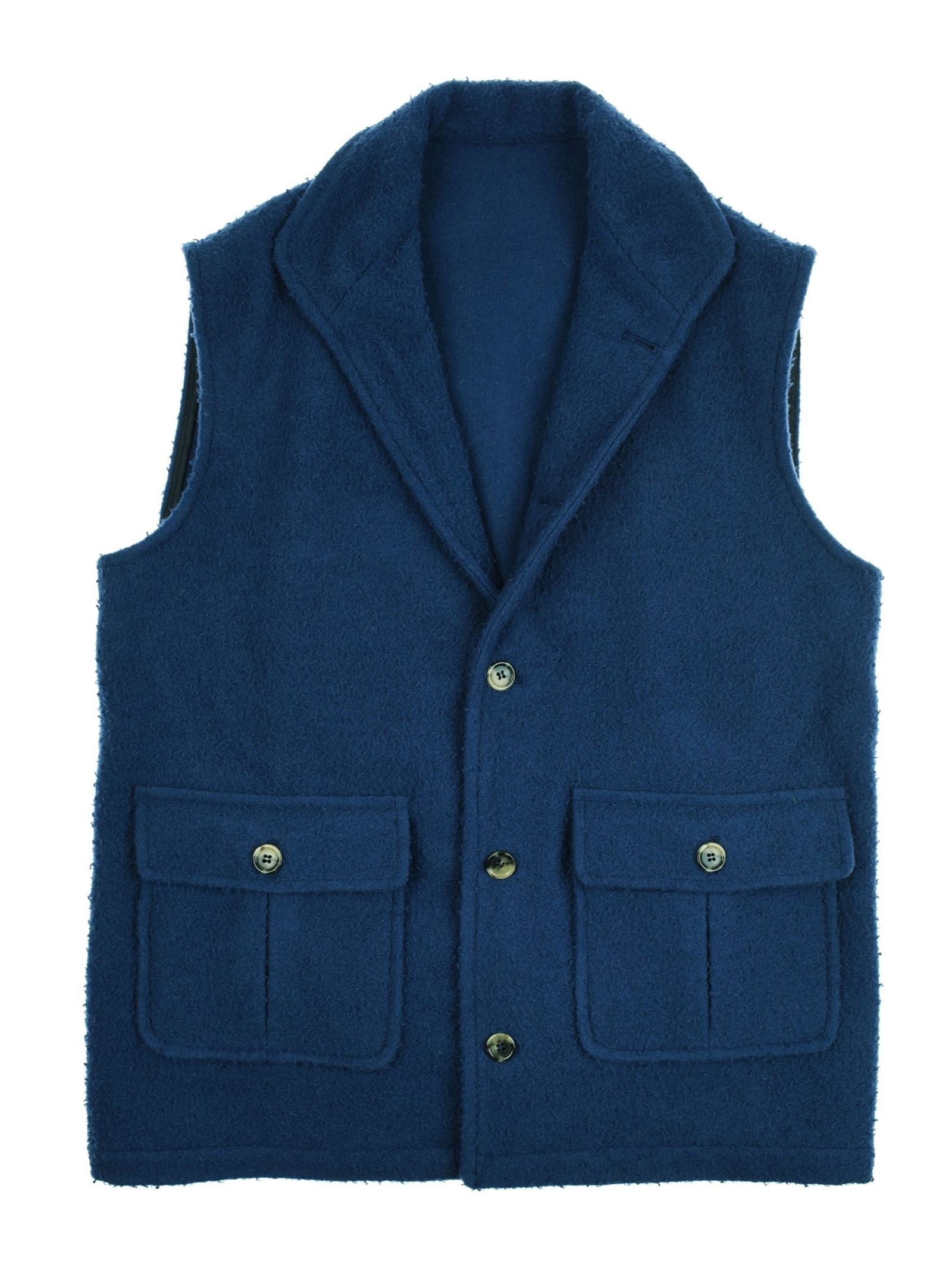 The Casentino Fleece Gilet by Campbell’s of Beauly is a sleeveless blue boiled wool vest featuring a collar, three front buttons, and two large buttoned waist pockets.