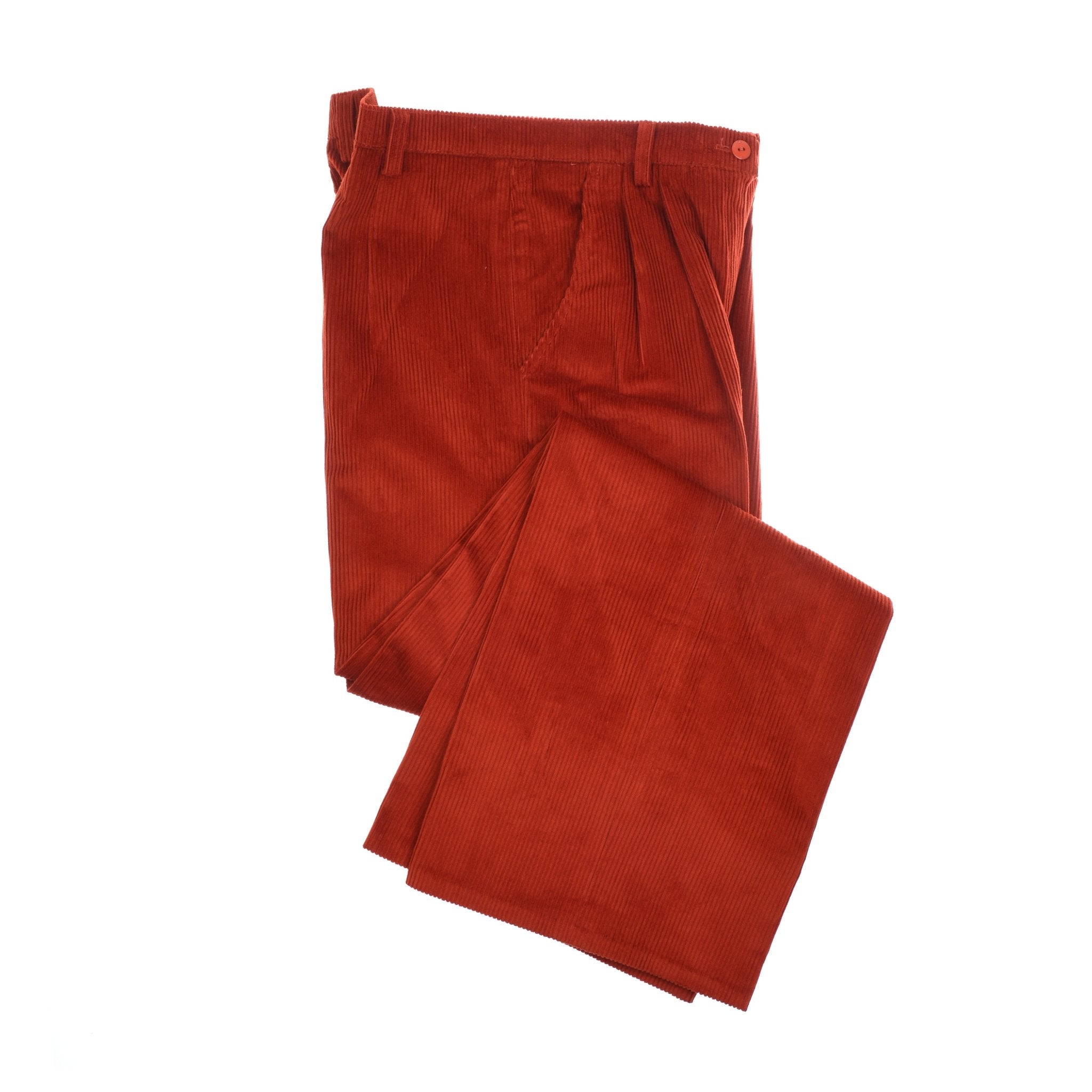 A pair of folded rust-colored Auld Stock Wide Leg Cords by Campbell's of Beauly is displayed on a white background.