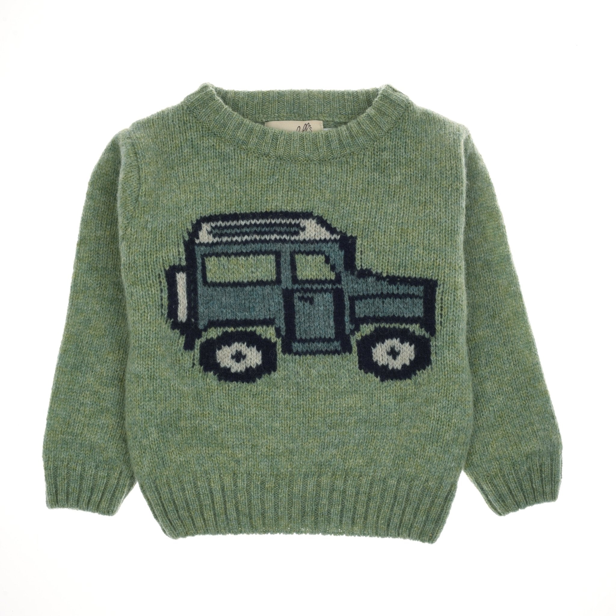 The Mini Land Rover Defender Jumper by Campbells of Beauly is a sage green knit children’s sweater with long sleeves, ribbed cuffs, and hem, featuring a blue and black car motif inspired by British motoring.