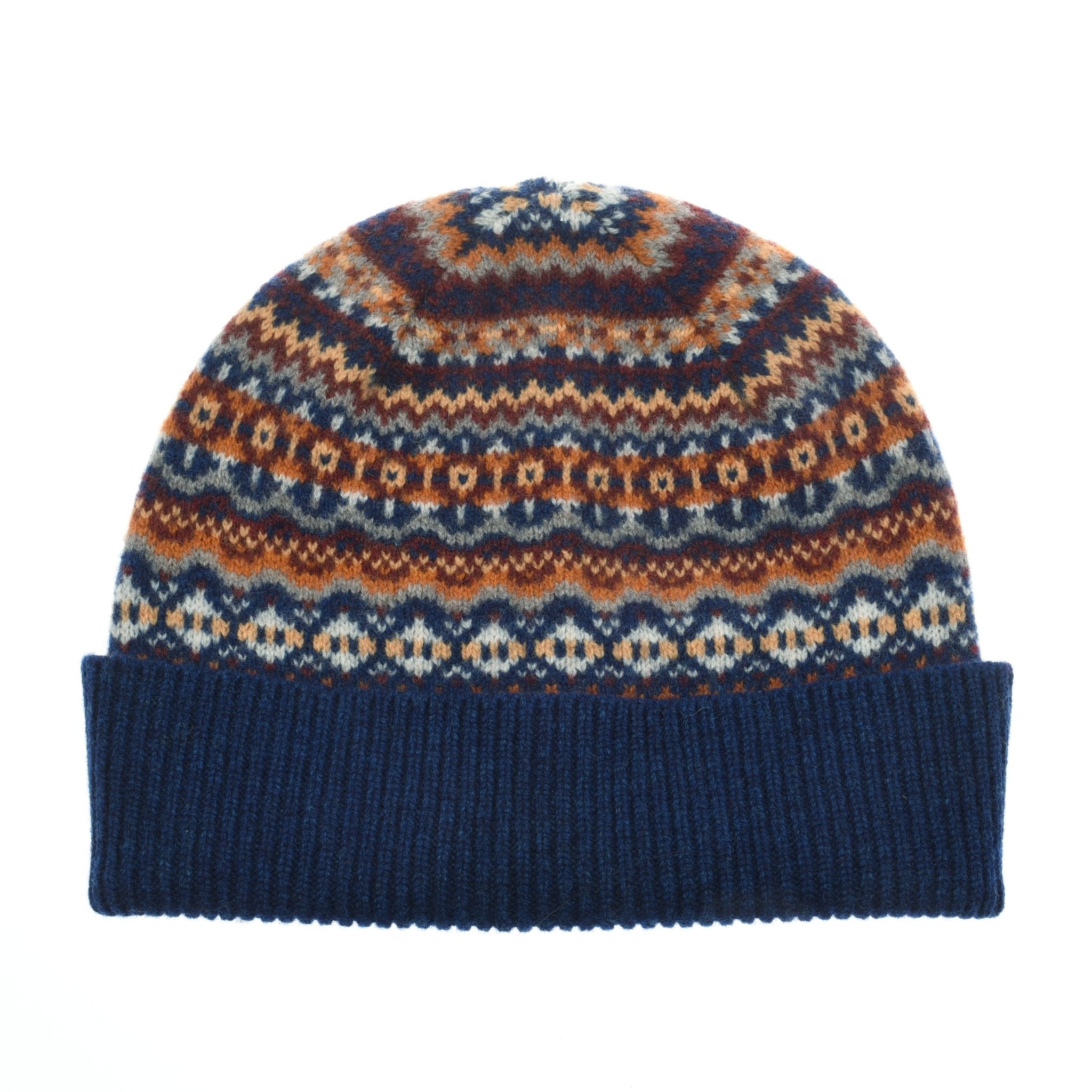 The Auld Stock Lambswool Fairisle Hat by Campbell’s of Beauly is a winter essential with a ribbed navy cuff and a vibrant Fairisle pattern in blue, orange, beige, and brown on white.