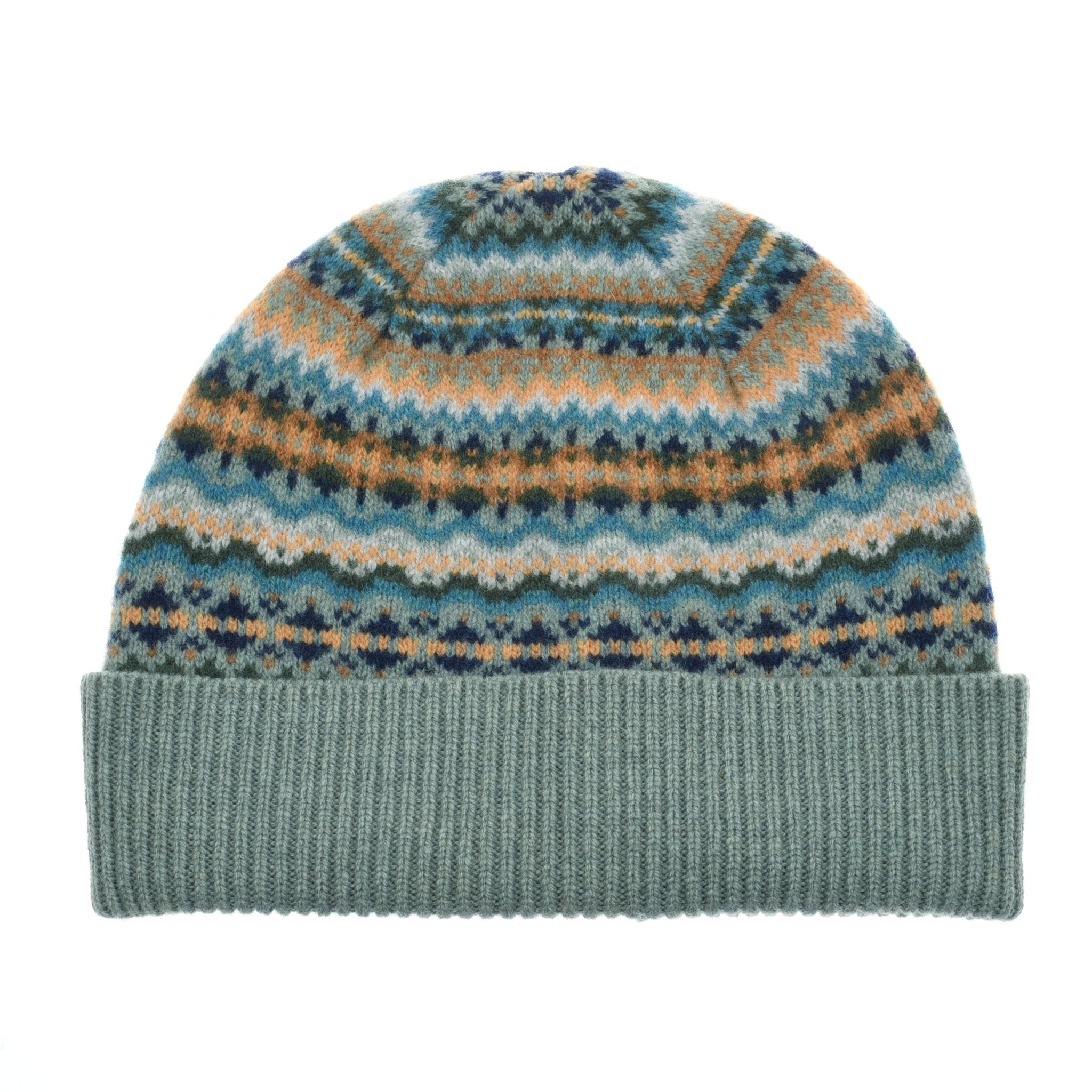 The Auld Stock Lambswool Fairisle Hat by Campbell's of Beauly is a winter essential with a folded ribbed brim in light green and a multicolored Fair Isle pattern in green, orange, blue, and cream.