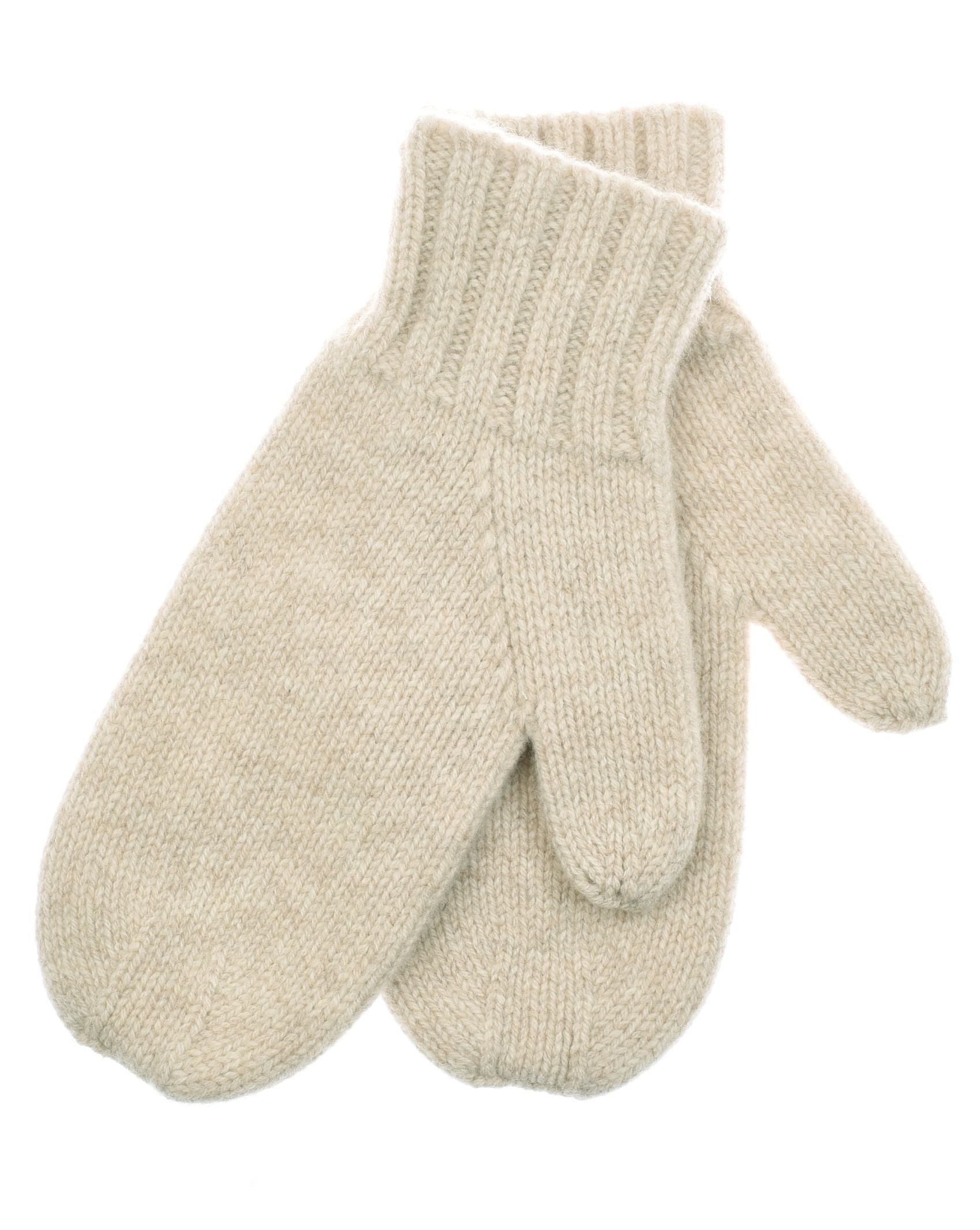 Campbell's of Beauly Chunky Mittens in beige lambswool, crafted from natural fibres with ribbed cuffs, are shown laid flat on a white background.