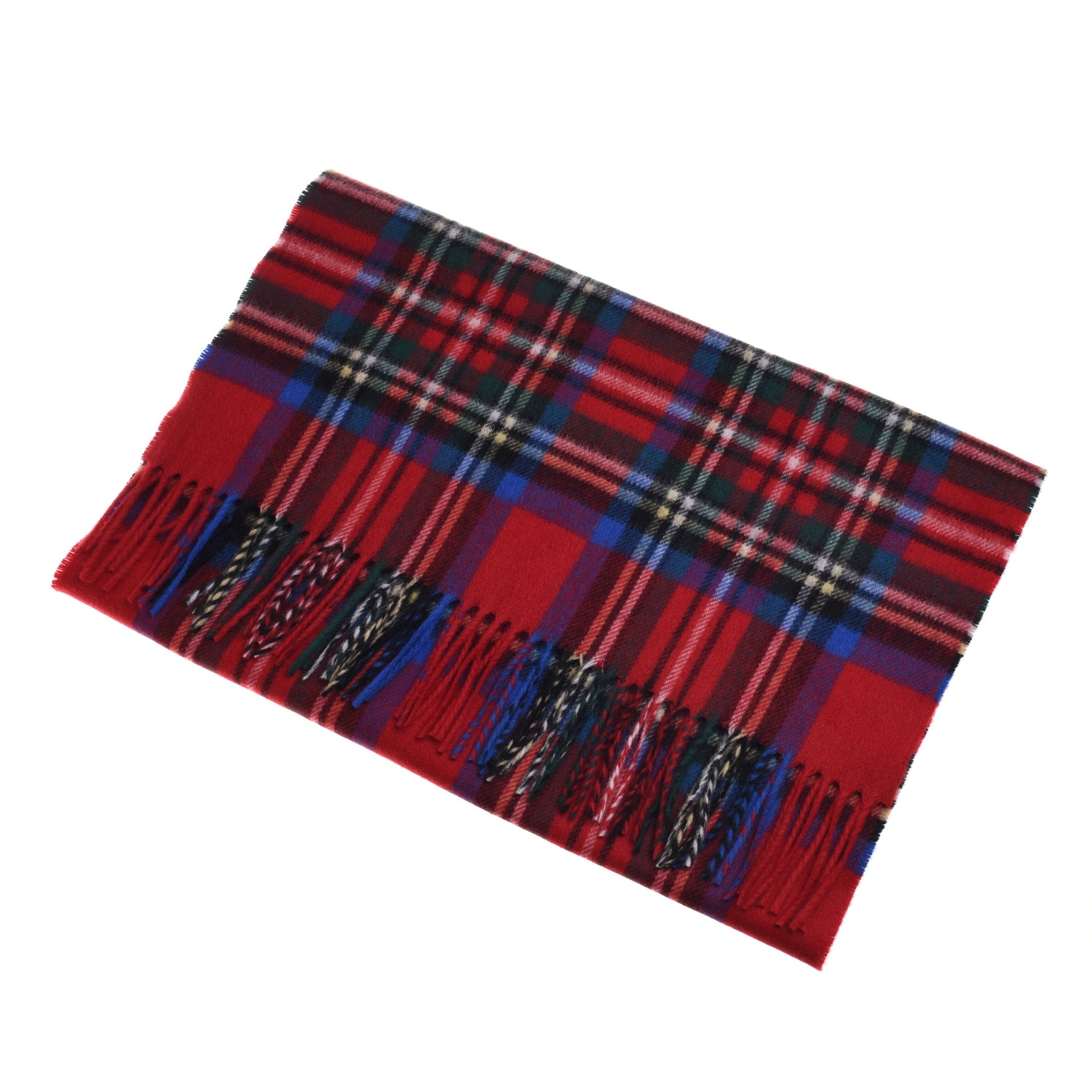 The Campbell's of Beauly Cashmere Stole is a red tartan plaid scarf with black, white, and blue detail, fringed ends, and classic Scottish style—crafted for timeless warmth.