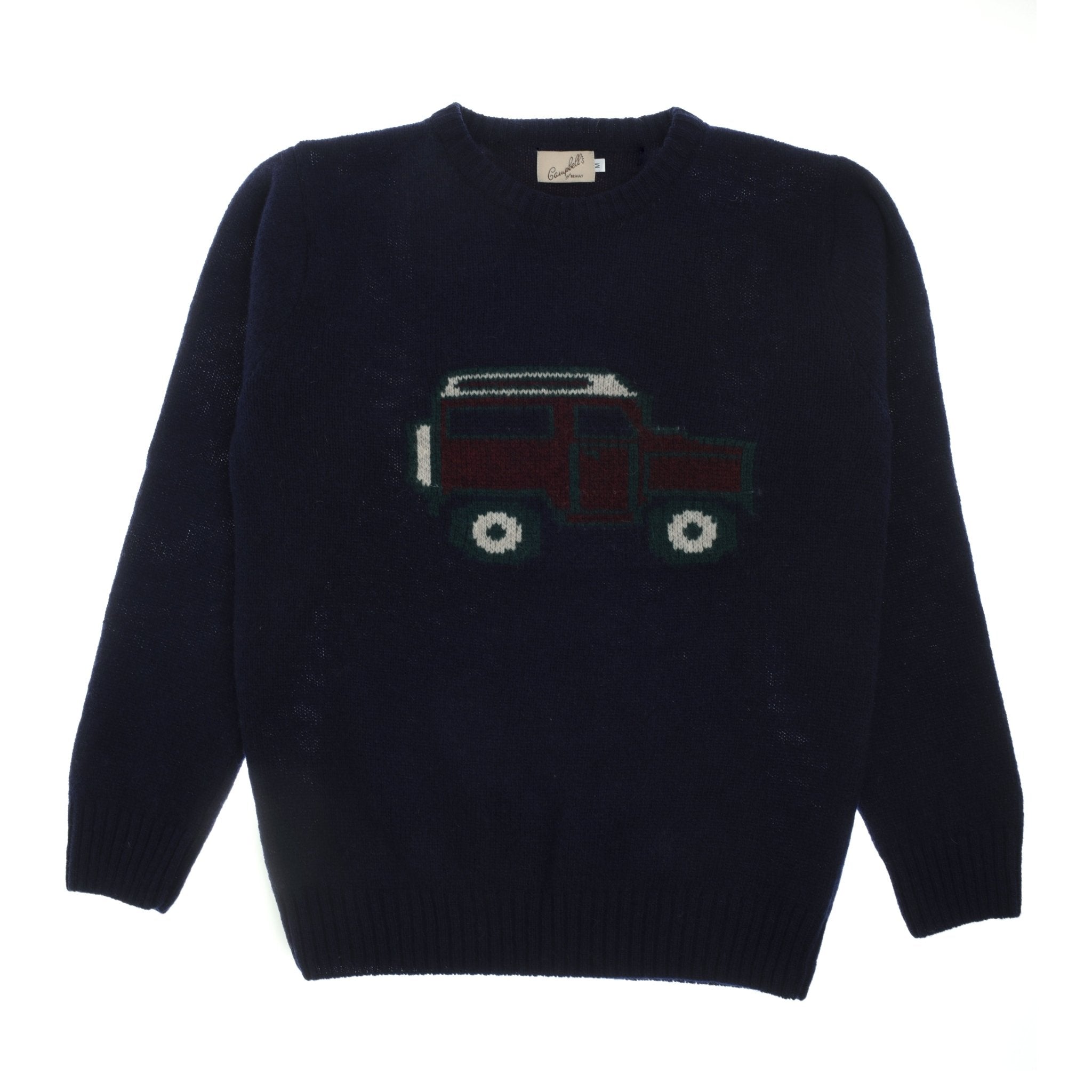 The Campbell's of Beauly Unisex Land Rover Defender Jumper is a navy knit featuring a graphic of the classic off-road vehicle in dark red, white, and green—blending traditional style with British motoring heritage.