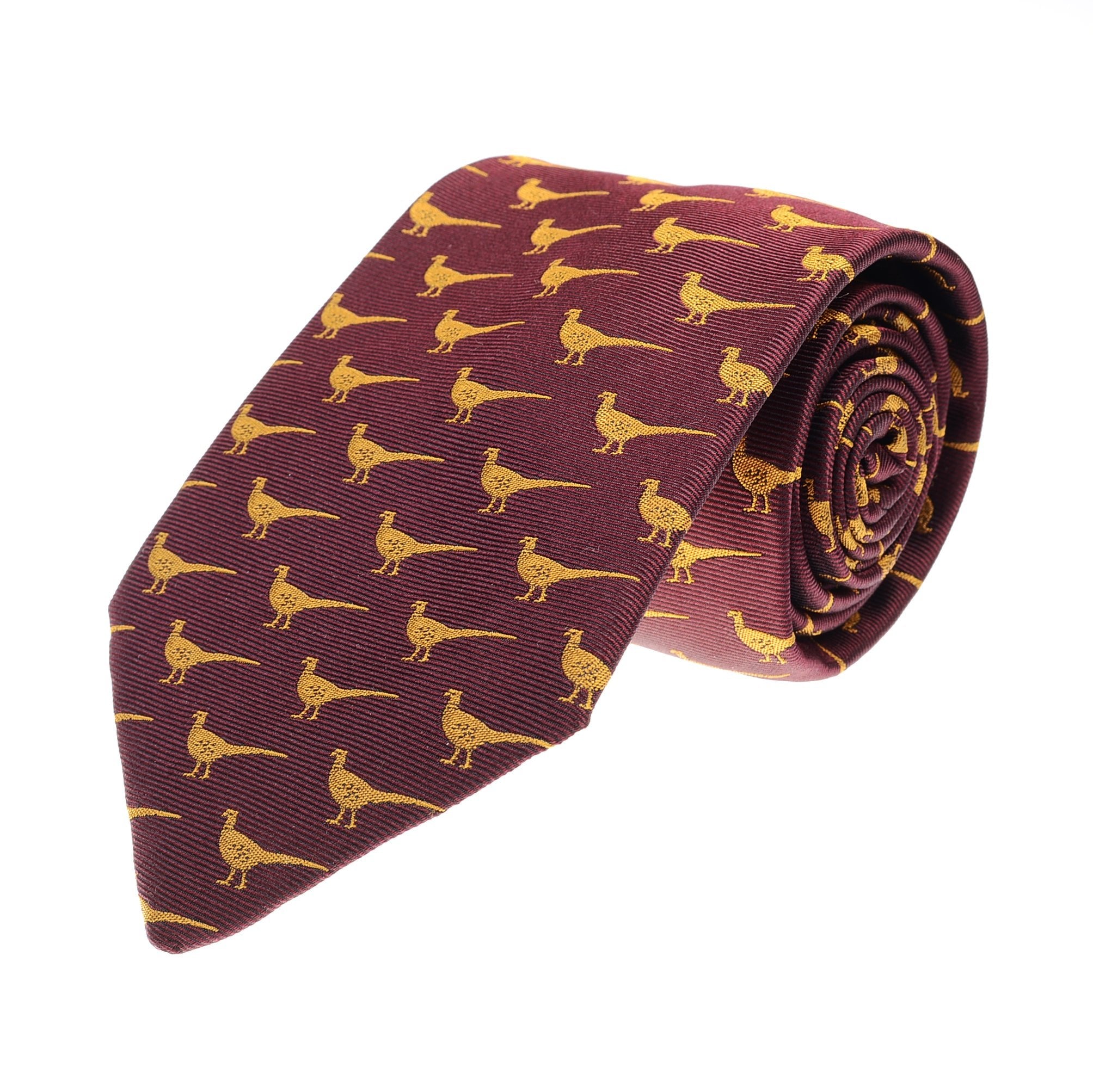 The Campbells of Beauly Pheasant Silk Tie in burgundy features a repeating small yellow-gold pheasant design—ideal for those who appreciate distinctive handmade ties.