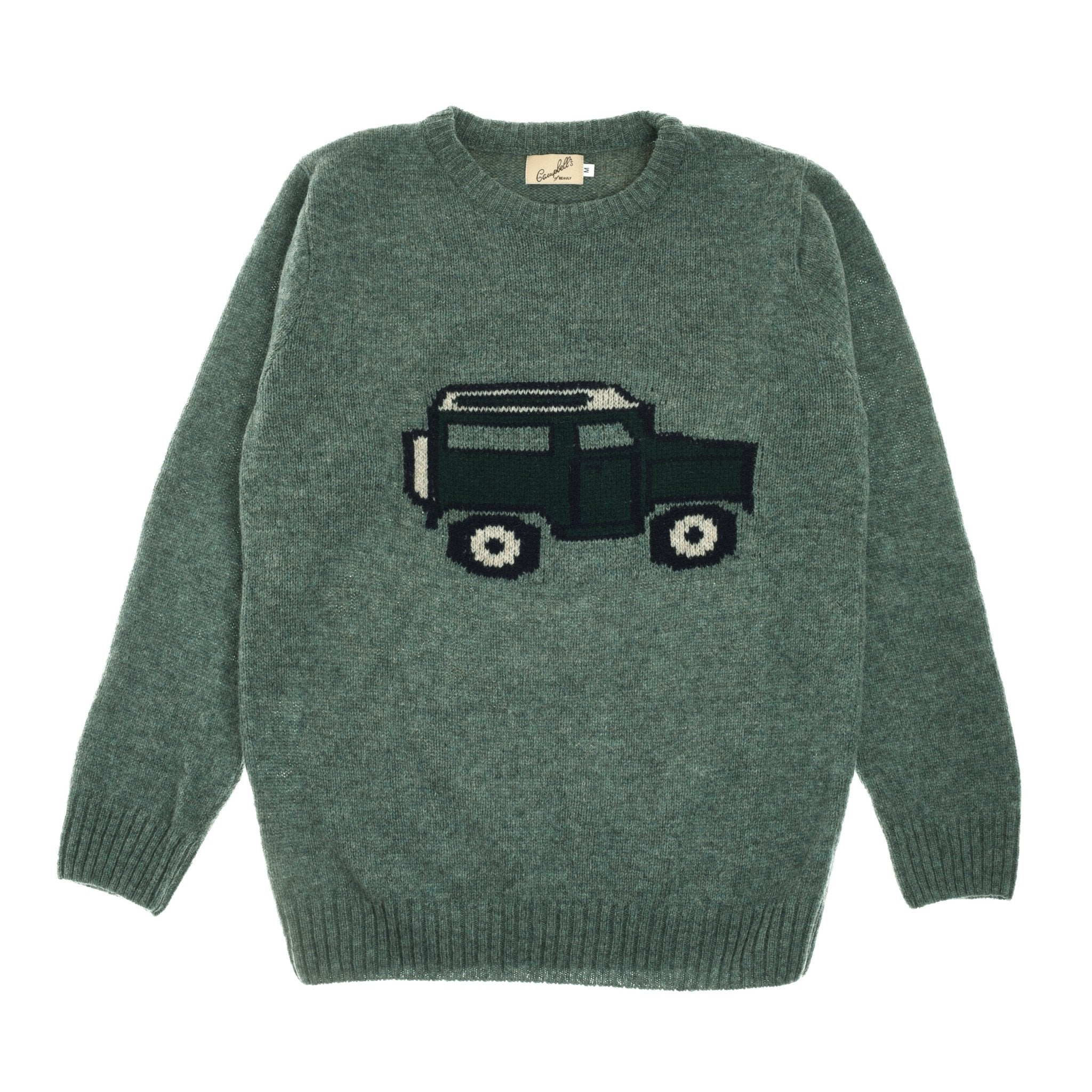 The Unisex Land Rover Defender Jumper by Campbell's of Beauly is a green knitted sweater with a dark green and black car design, inspired by British motoring, featuring long sleeves and a crew neckline.