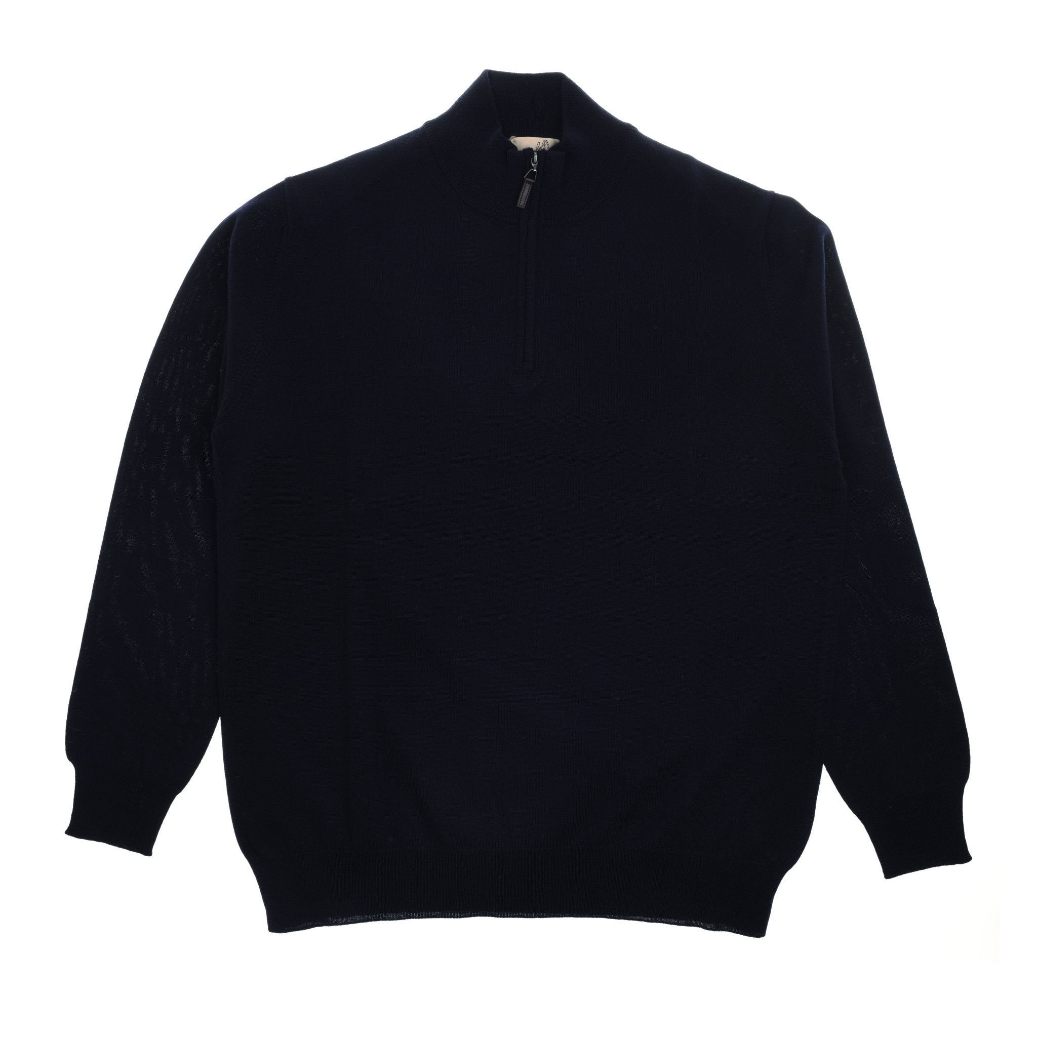 The Campbell's of Beauly Auld Stock Merino Quarter Zip Jumper, in plain black with long sleeves and a short collar zip, is laid flat on a white background.