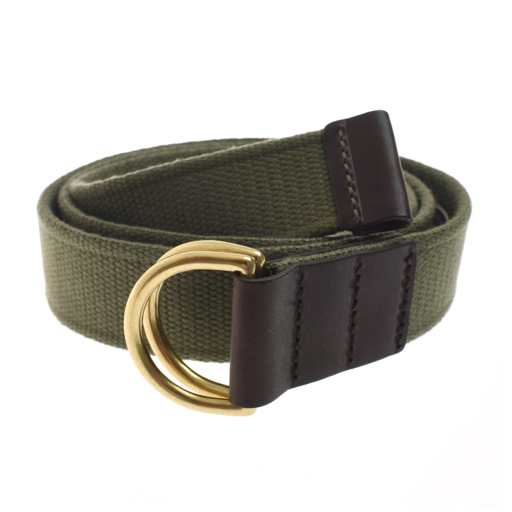 The Campbells of Beauly Mini Belt in olive is a durable canvas belt with a double gold-colored D-ring buckle and dark brown real leather end accents, shown rolled up on a white background.