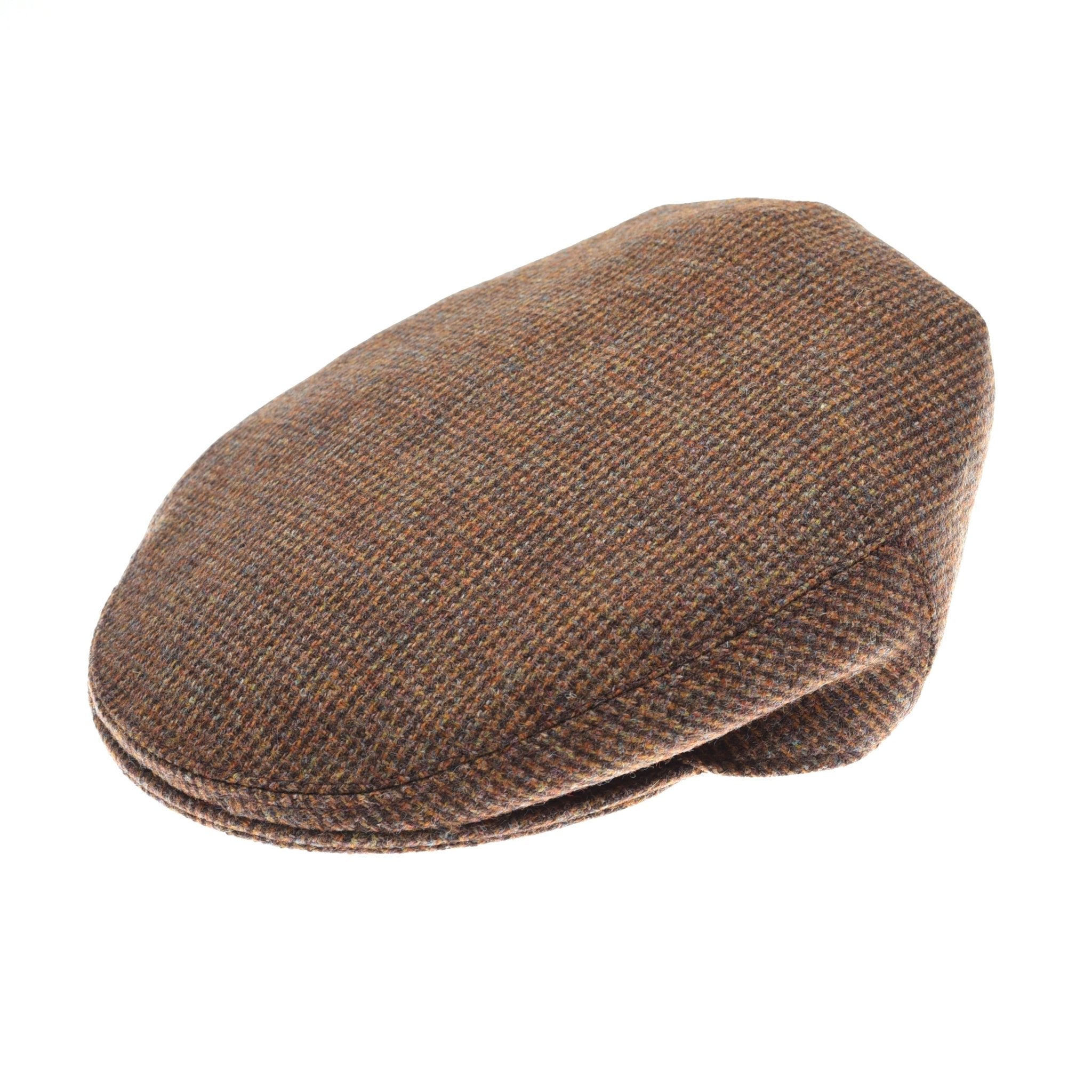The Brown Conon Cap by Campbells of Beauly, in House Tweed, features a subtle checkered pattern and classic British style. Shown from a side angle on a white background.