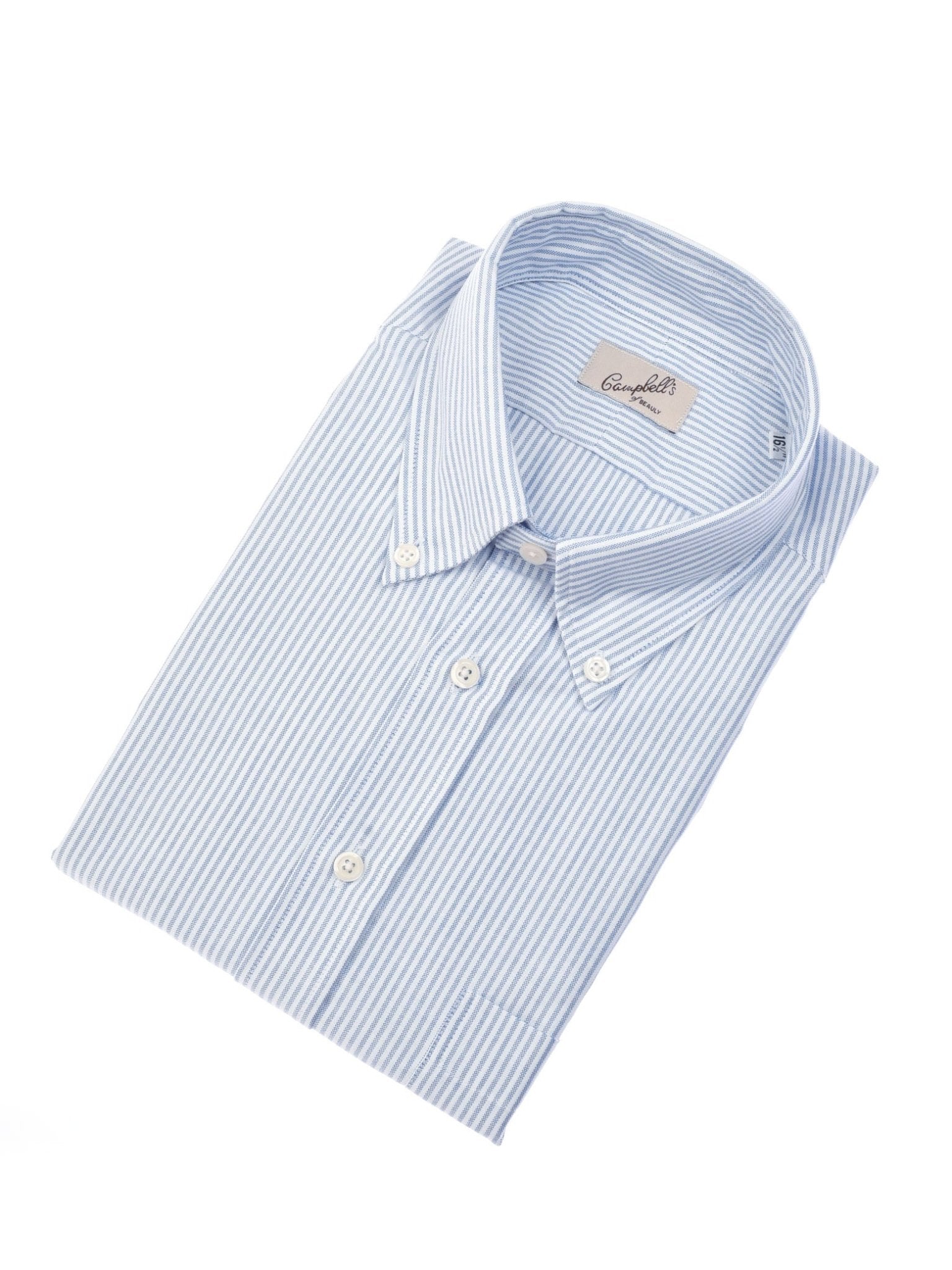 The Campbell's of Beauly Auld Stock Oxford Shirt, featuring light blue and white stripes, a classic collar, and white buttons, is neatly folded and displayed on a white background.