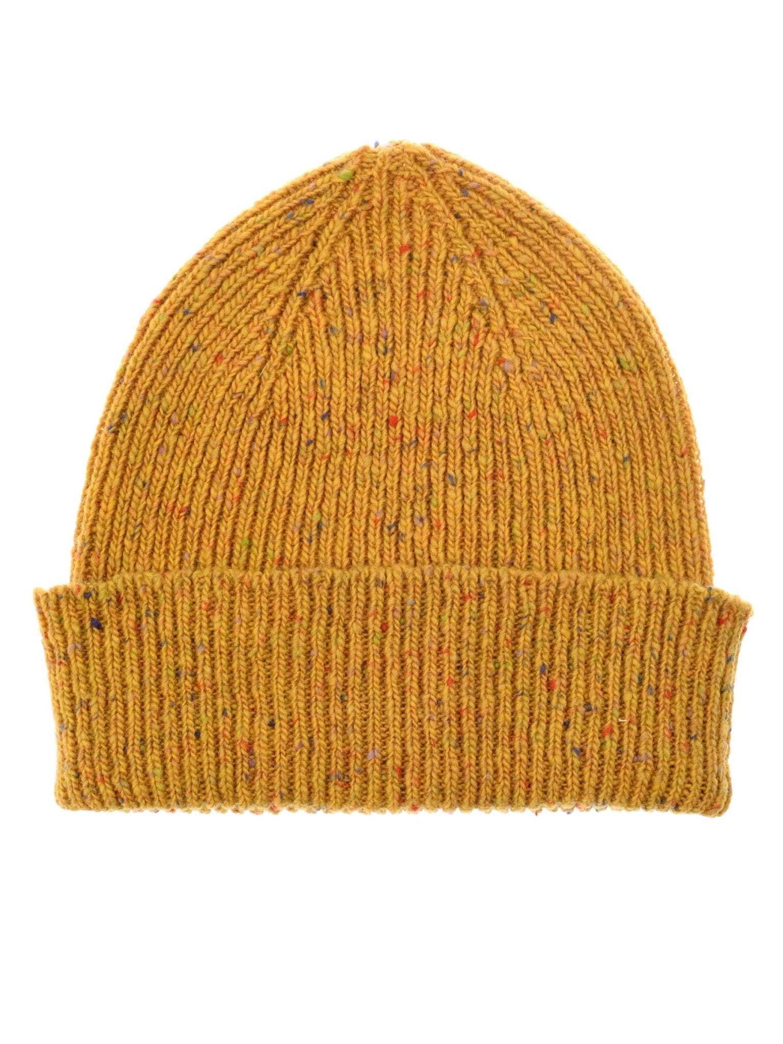 The Donegal Lambswool Hat by Campbells of Beauly features a gold knit with multicolored flecks, a folded brim, and is made from Donegal yarns for a unique speckled look, shown on a white background.